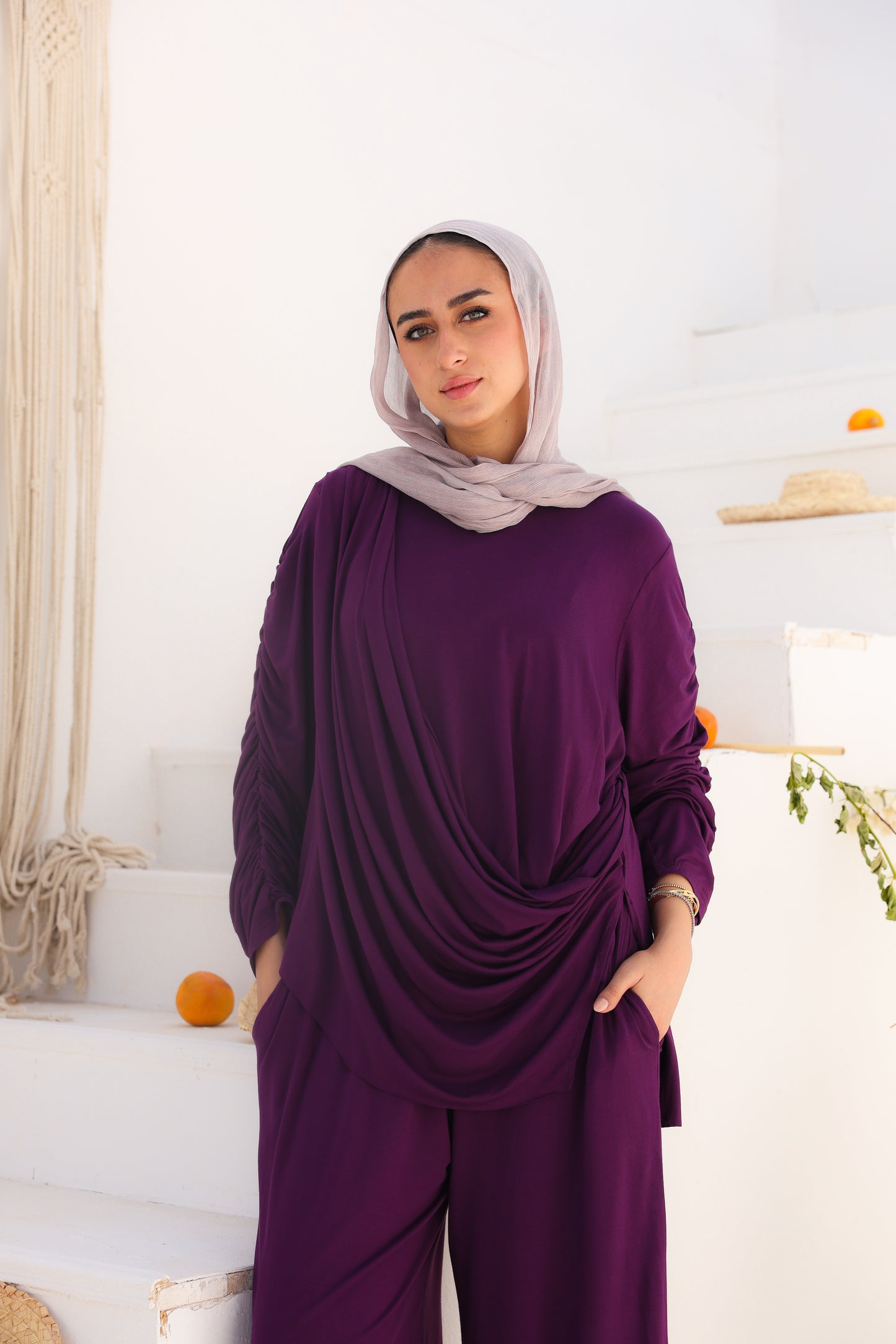Side Drapeé Cotton Set in Purple