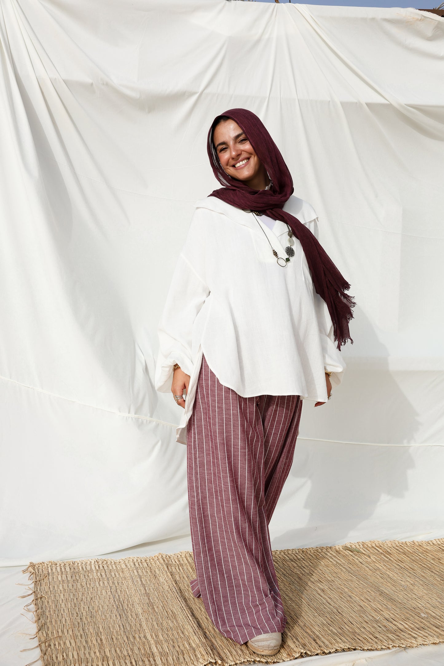 Stripes Wide-leg Linen Pants in Berry