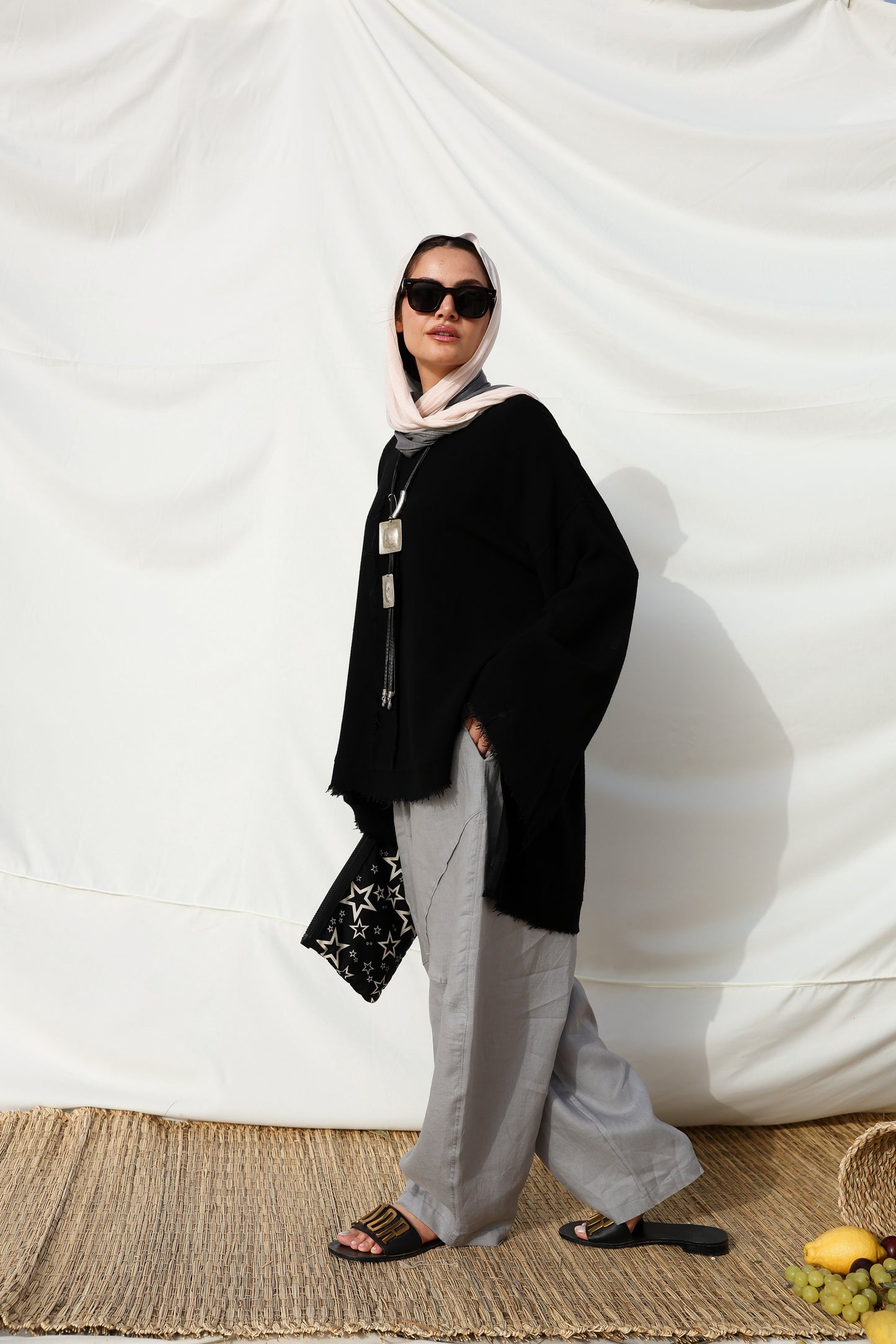 The Unfinished Bell Sleeves Linen Top in Black