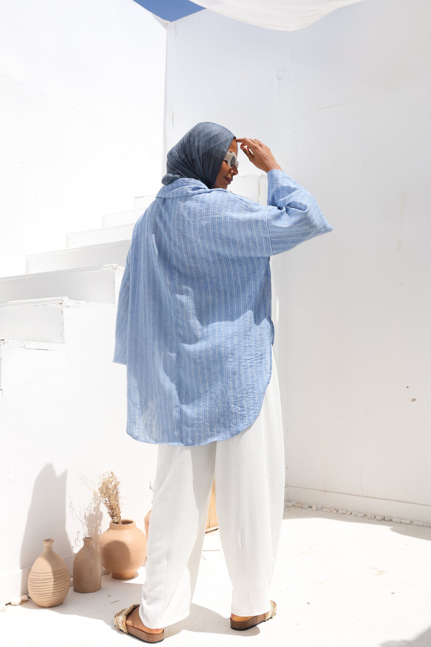 Collar Puffy Sleeves Stripes Top in Blue