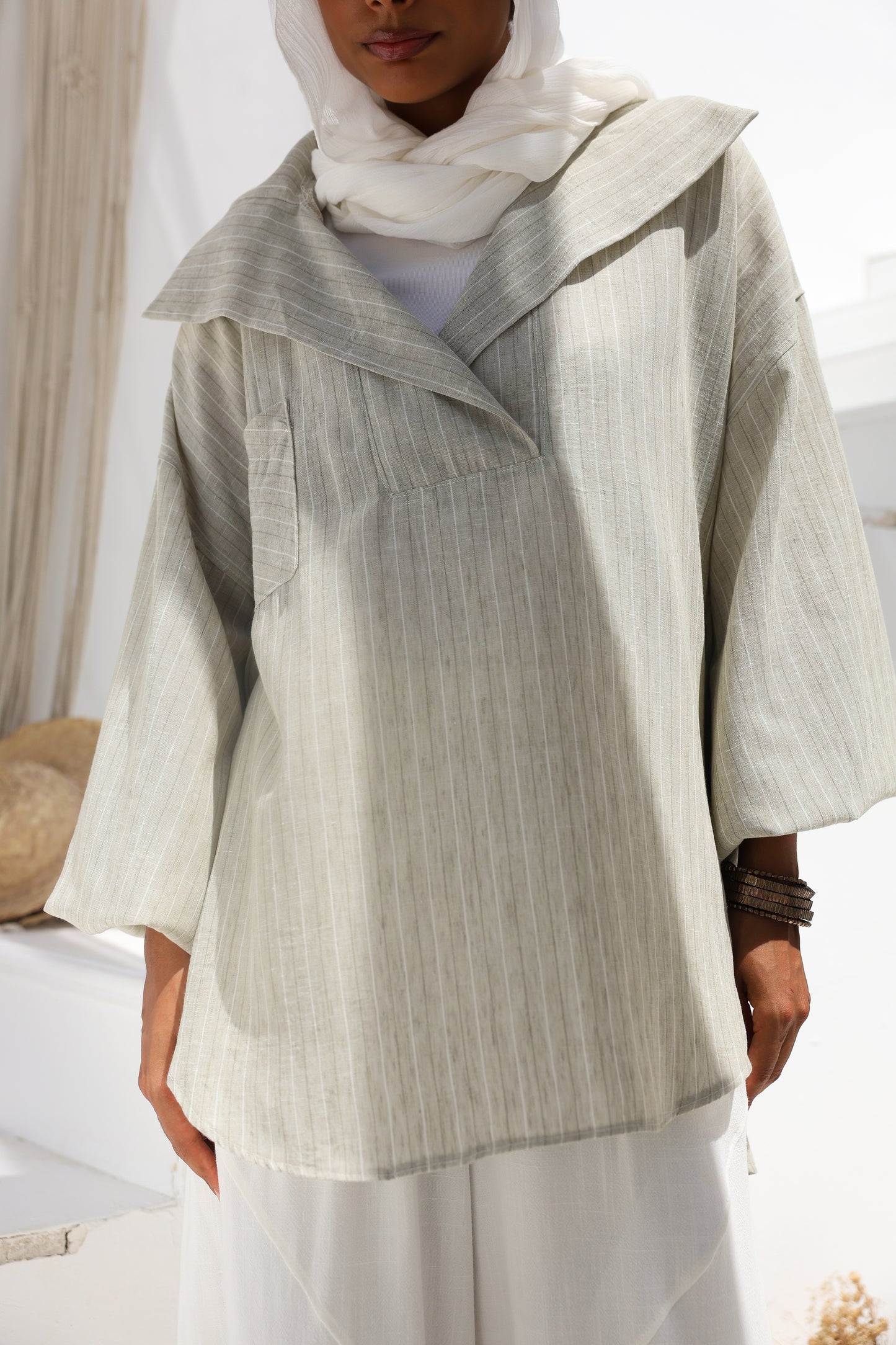 Collar Puffy Sleeves Stripes Top in Mint