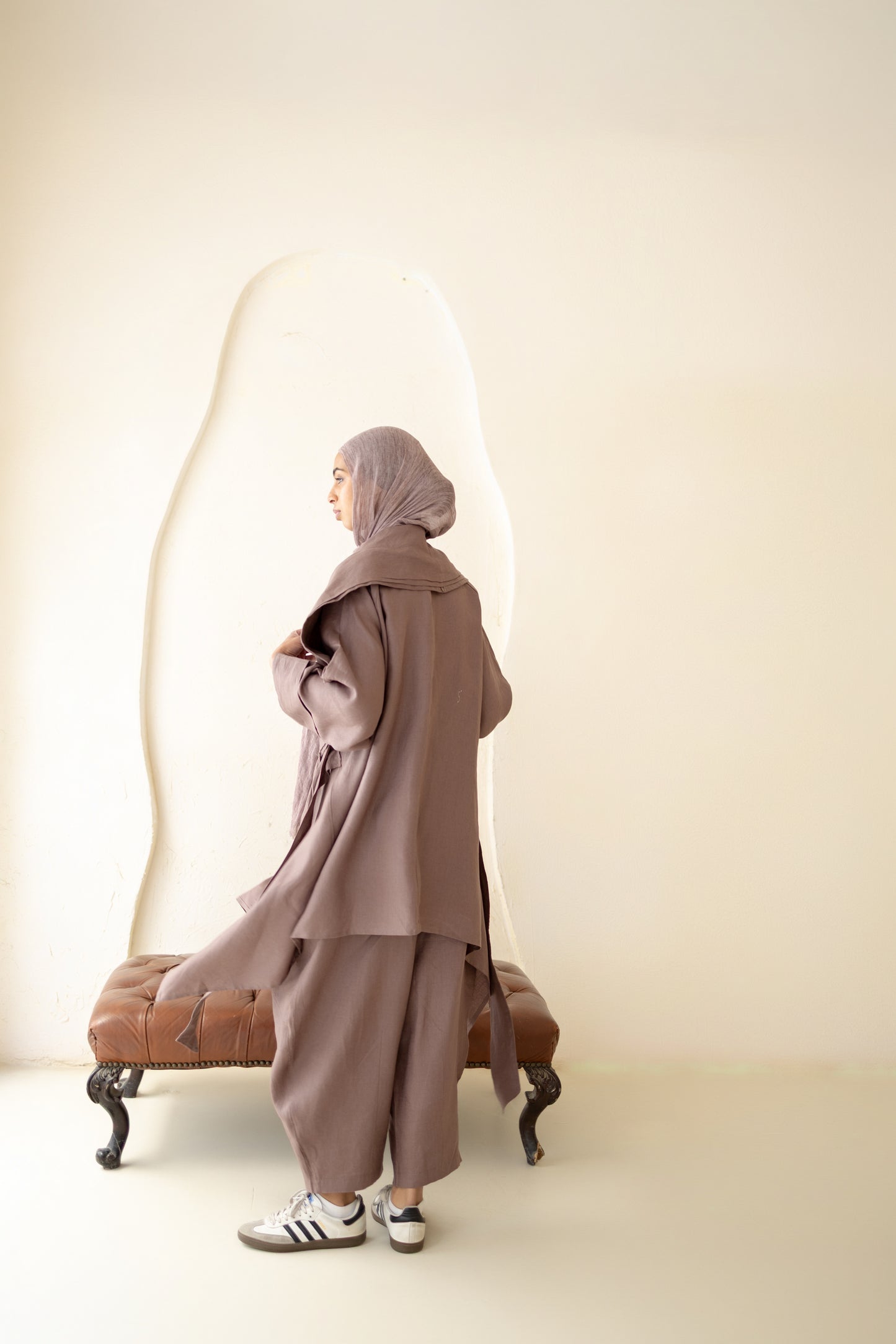 Asymmetrical belt Linen Cardigan in Chocolate