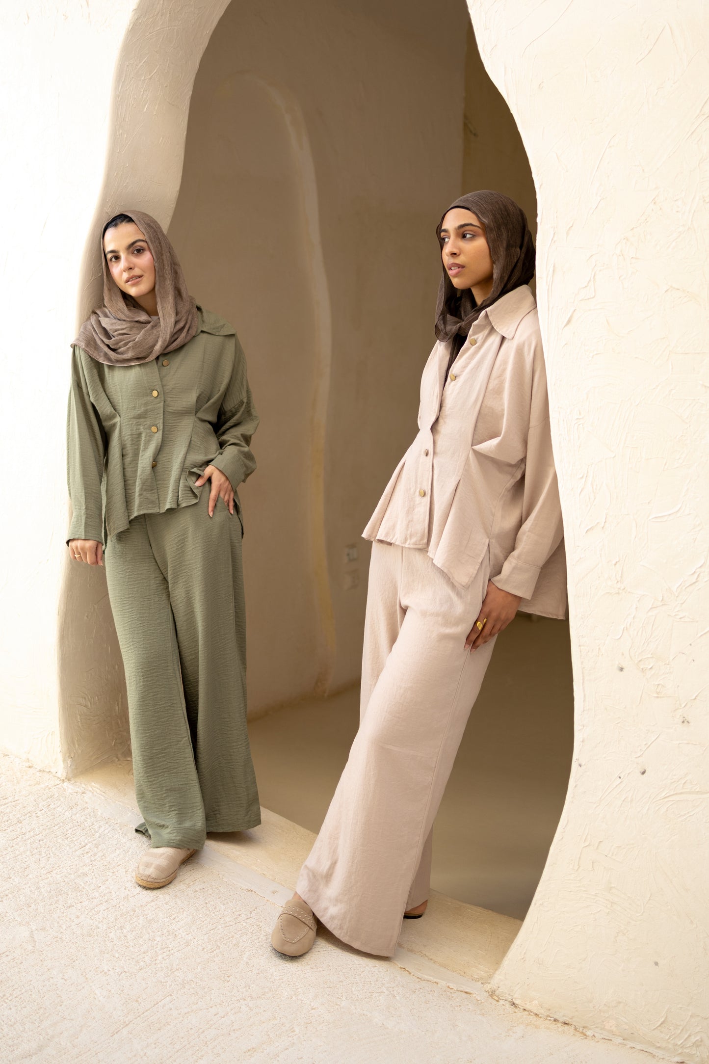 Statement Pleats Shirt Set in Beige