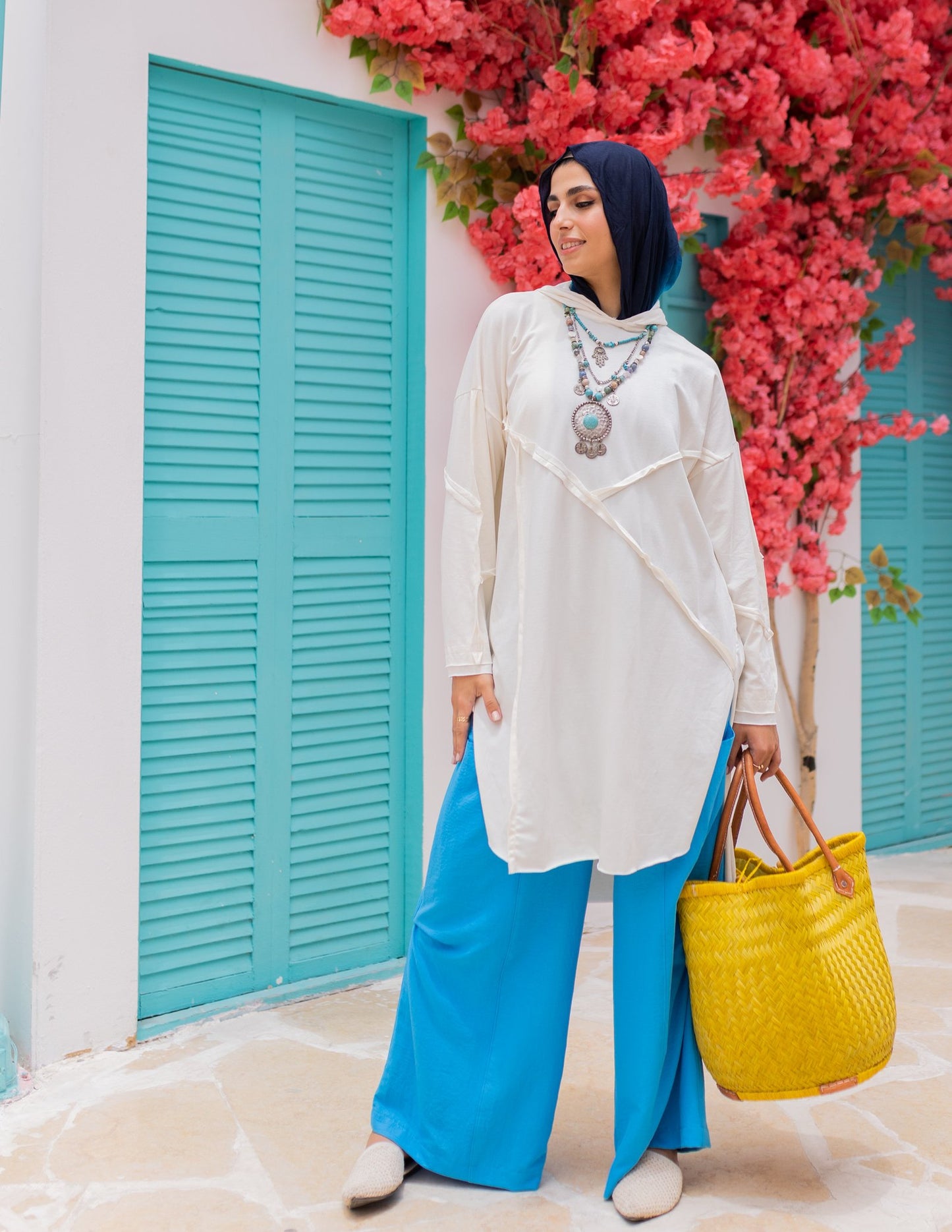 Stitch Cotton Hoodie Top in Off White