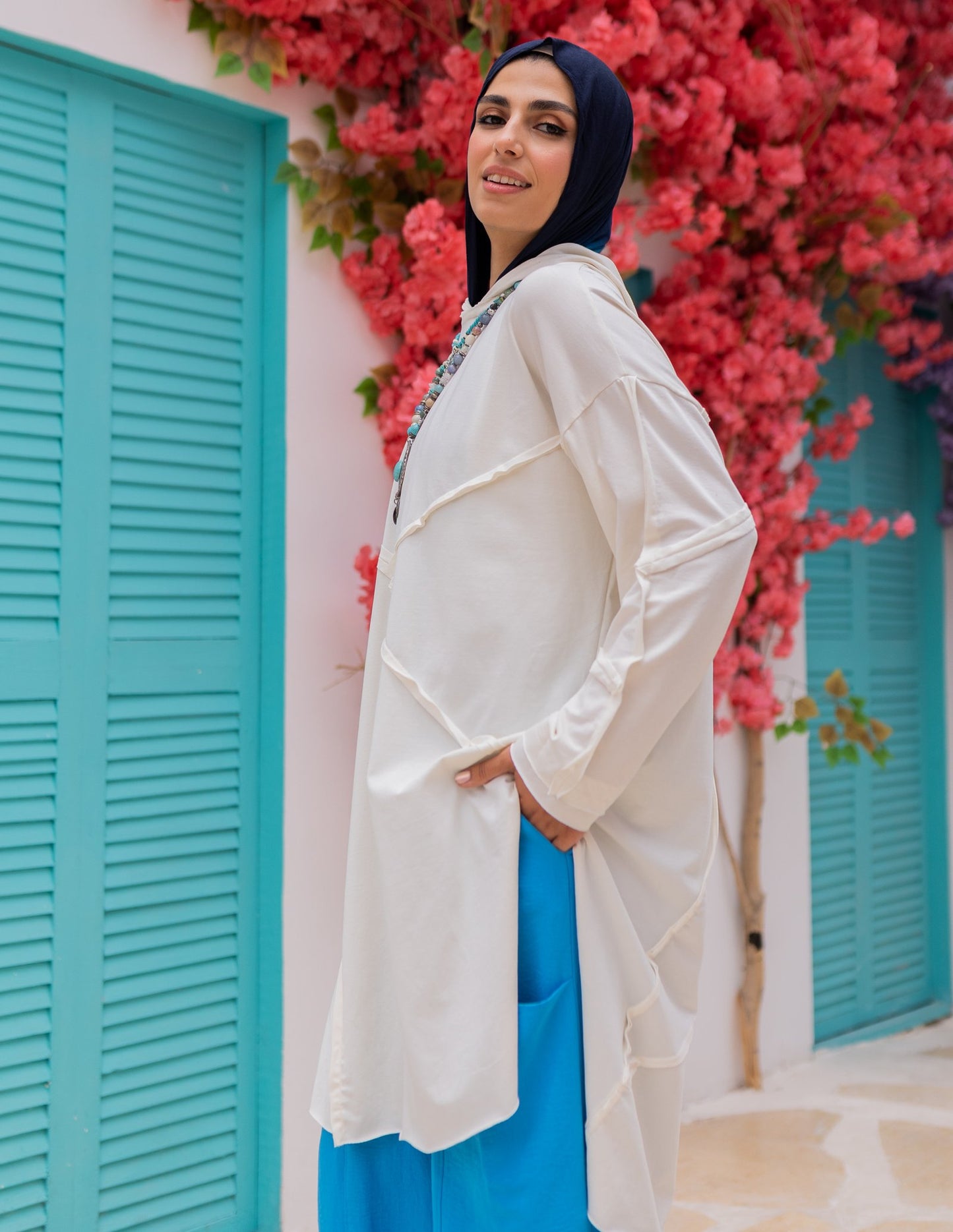 Stitch Cotton Hoodie Top in Off White
