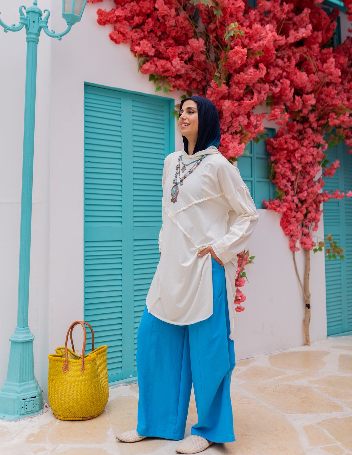 Stitch Cotton Hoodie Top in Off White