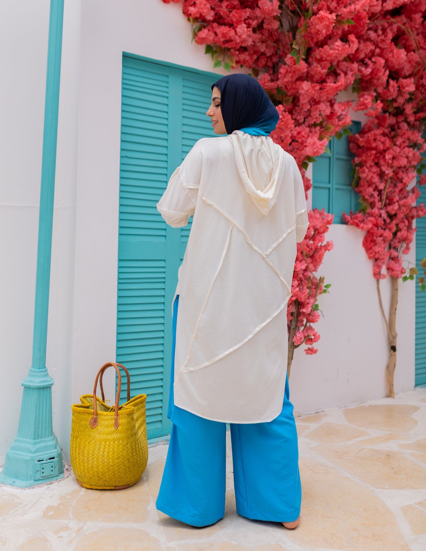 Stitch Cotton Hoodie Top in Off White