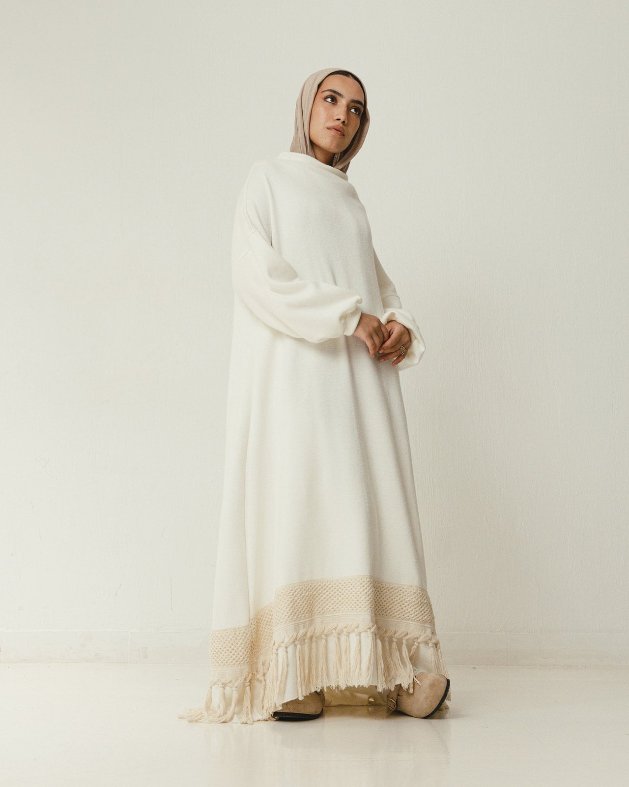 Ivory Soft Wool Fringes Dress