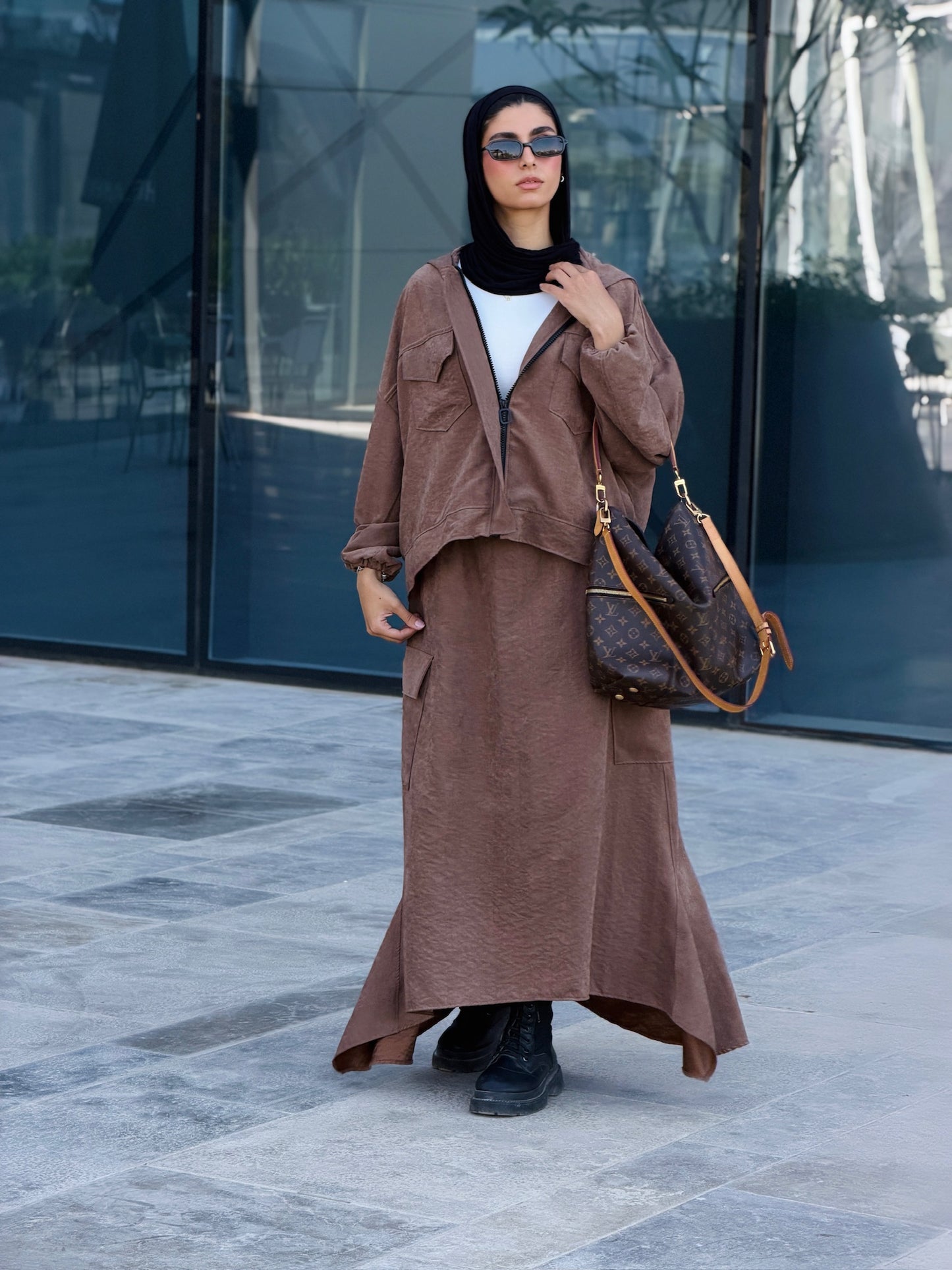 Bomber Jacket Flowy Skirt Set in Brown