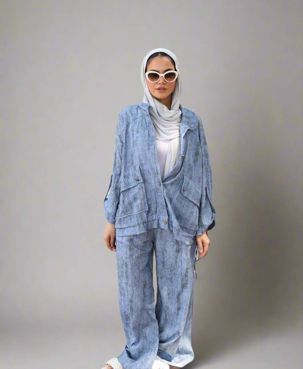 Tie Dye Bomber Jacket Set in Blue