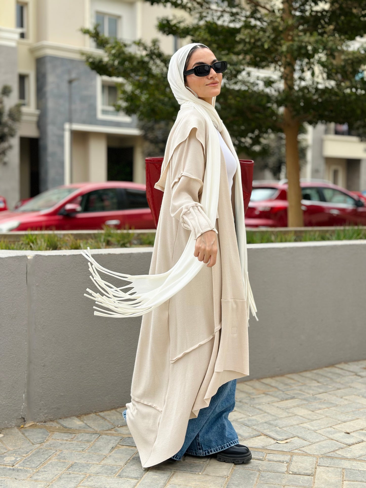 Asymmetrical Stitches Wool Cardigan in Beige