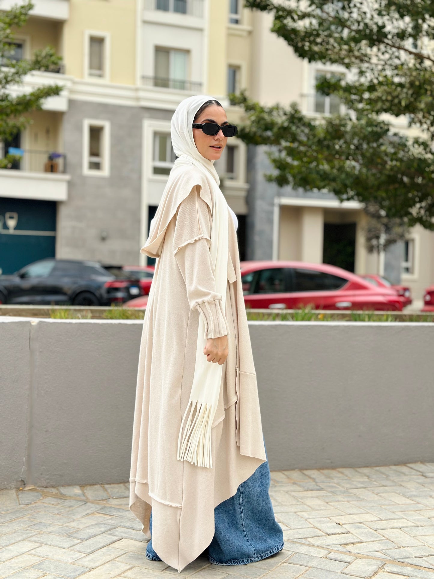 Asymmetrical Stitches Wool Cardigan in Beige