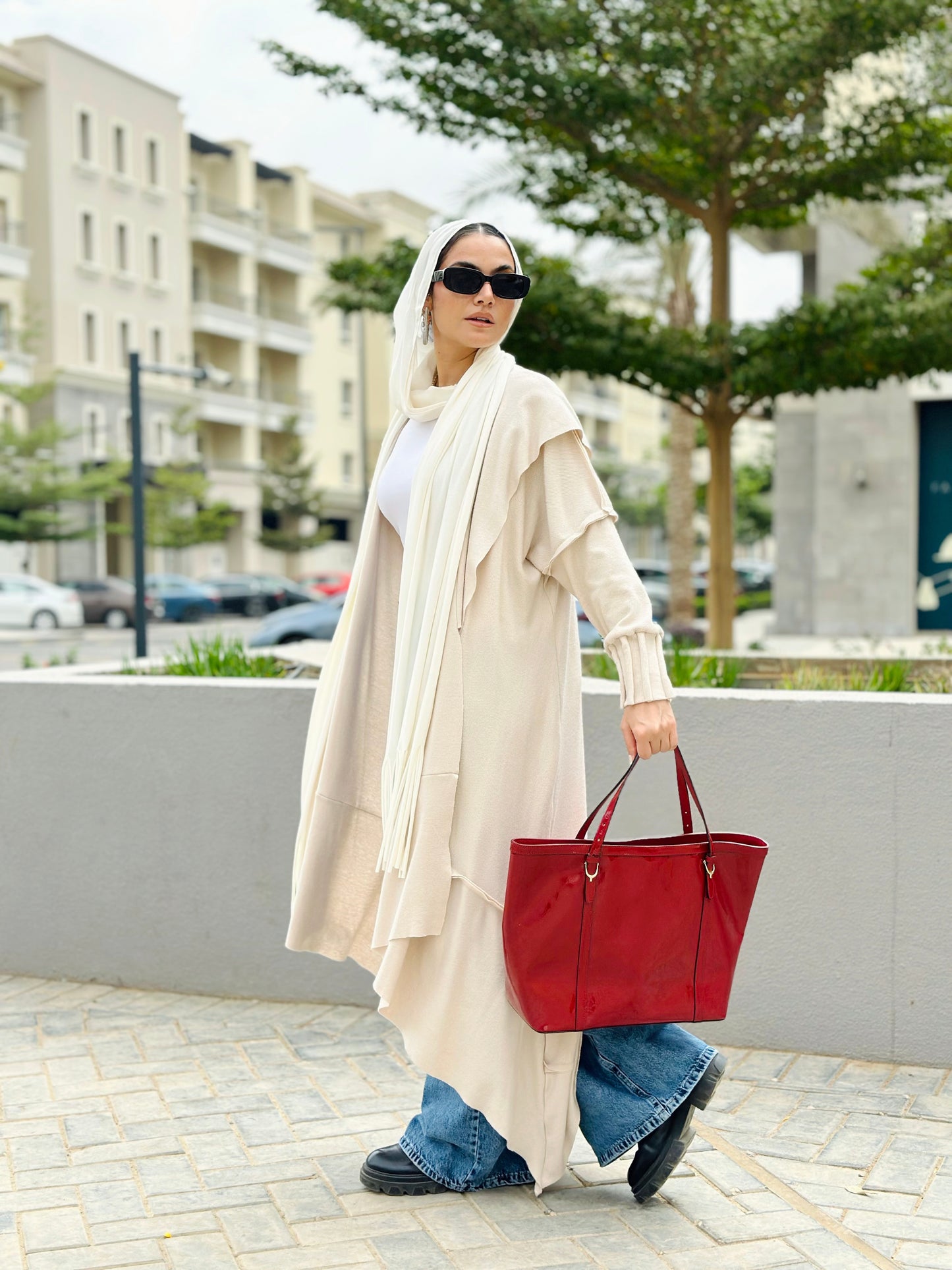 Asymmetrical Stitches Wool Cardigan in Beige