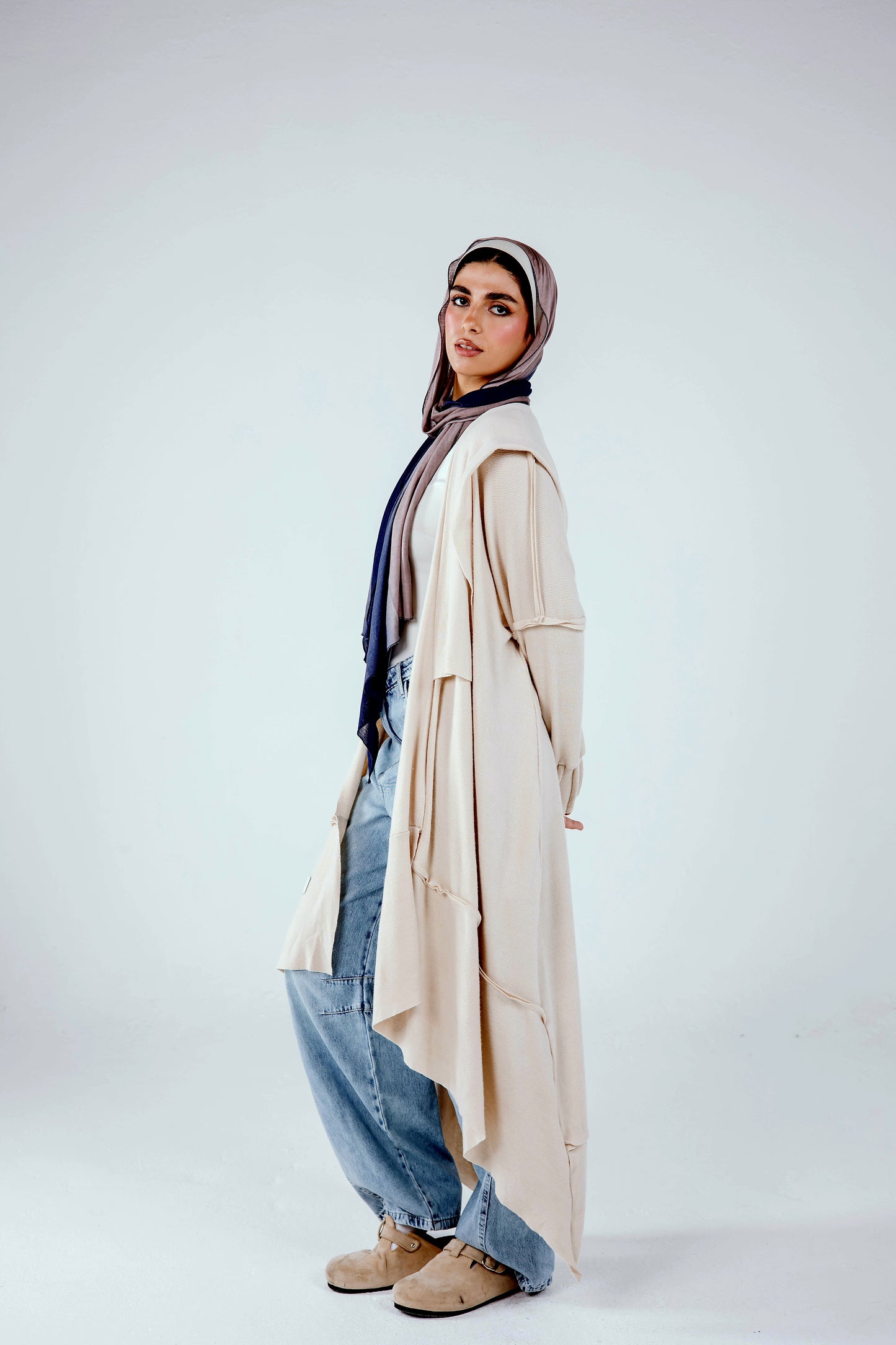Asymmetrical Stitches Wool Cardigan in Beige