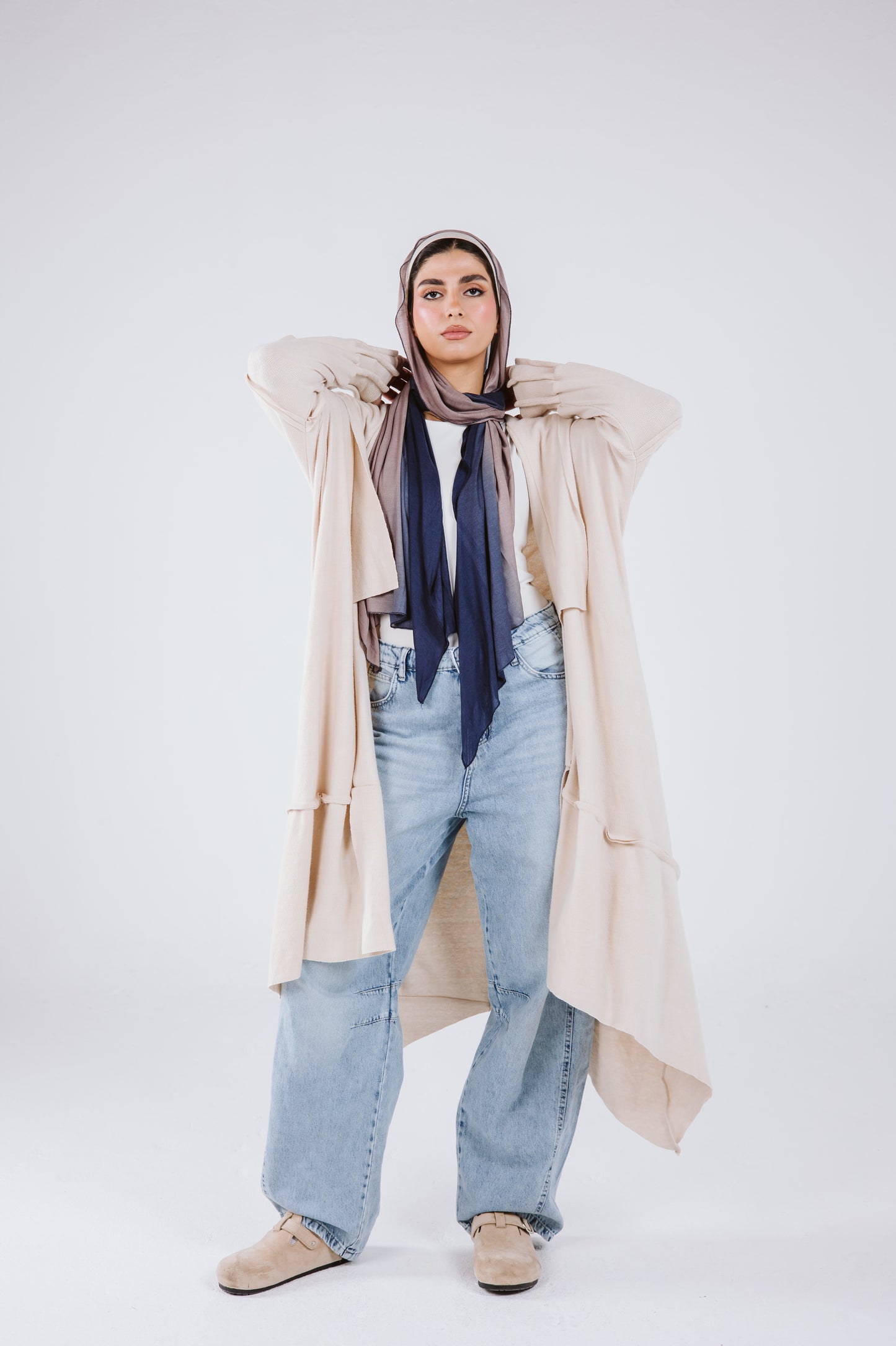Asymmetrical Stitches Wool Cardigan in Beige
