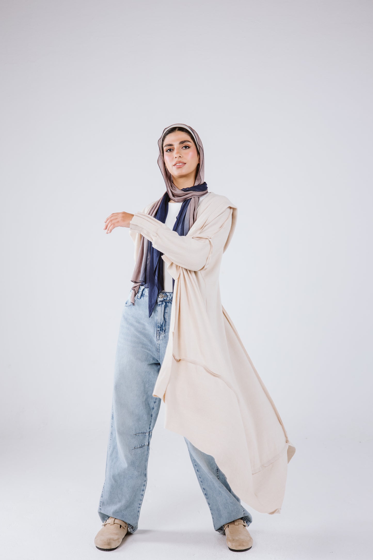 Asymmetrical Stitches Wool Cardigan in Beige