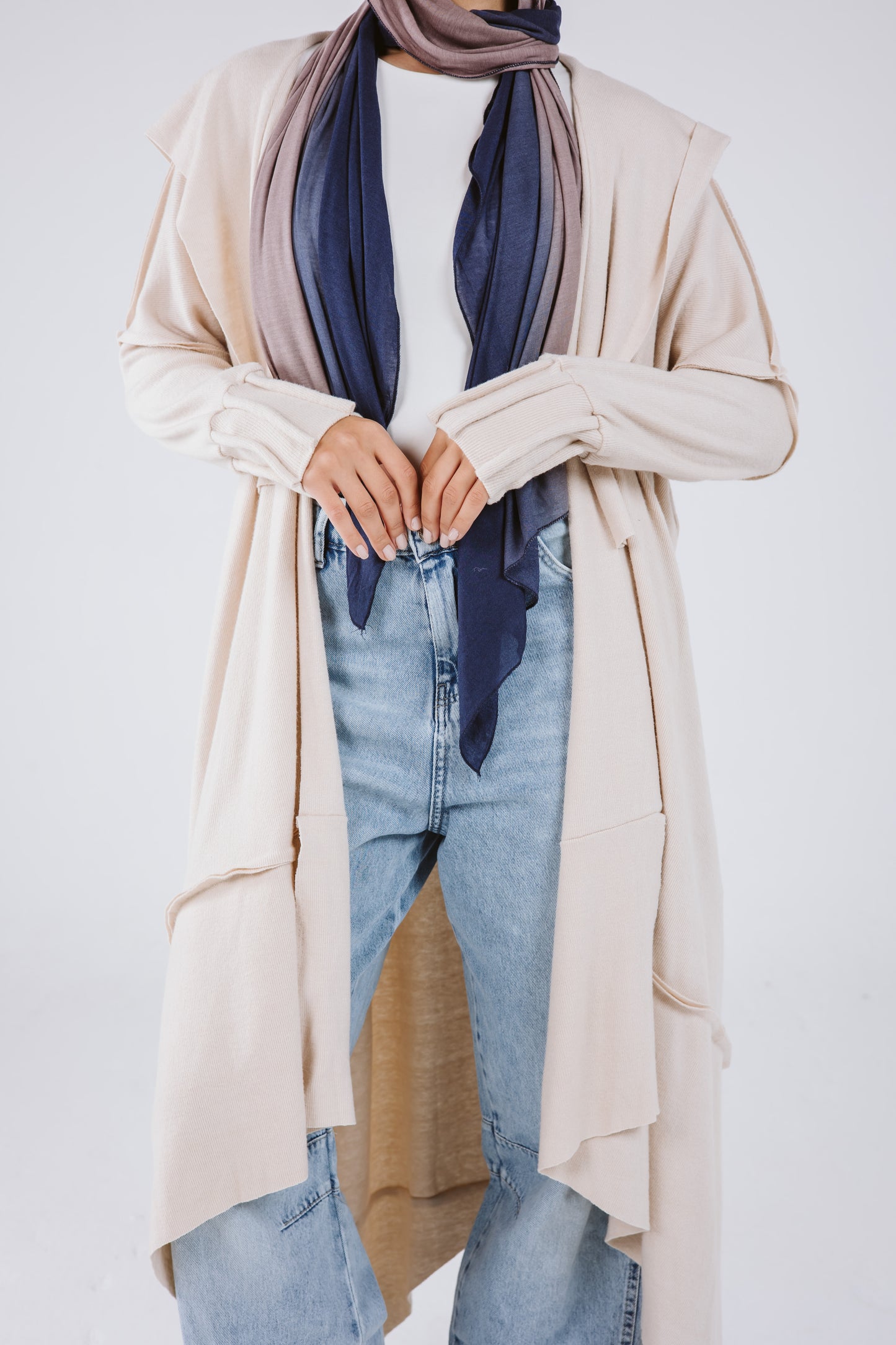 Asymmetrical Stitches Wool Cardigan in Beige