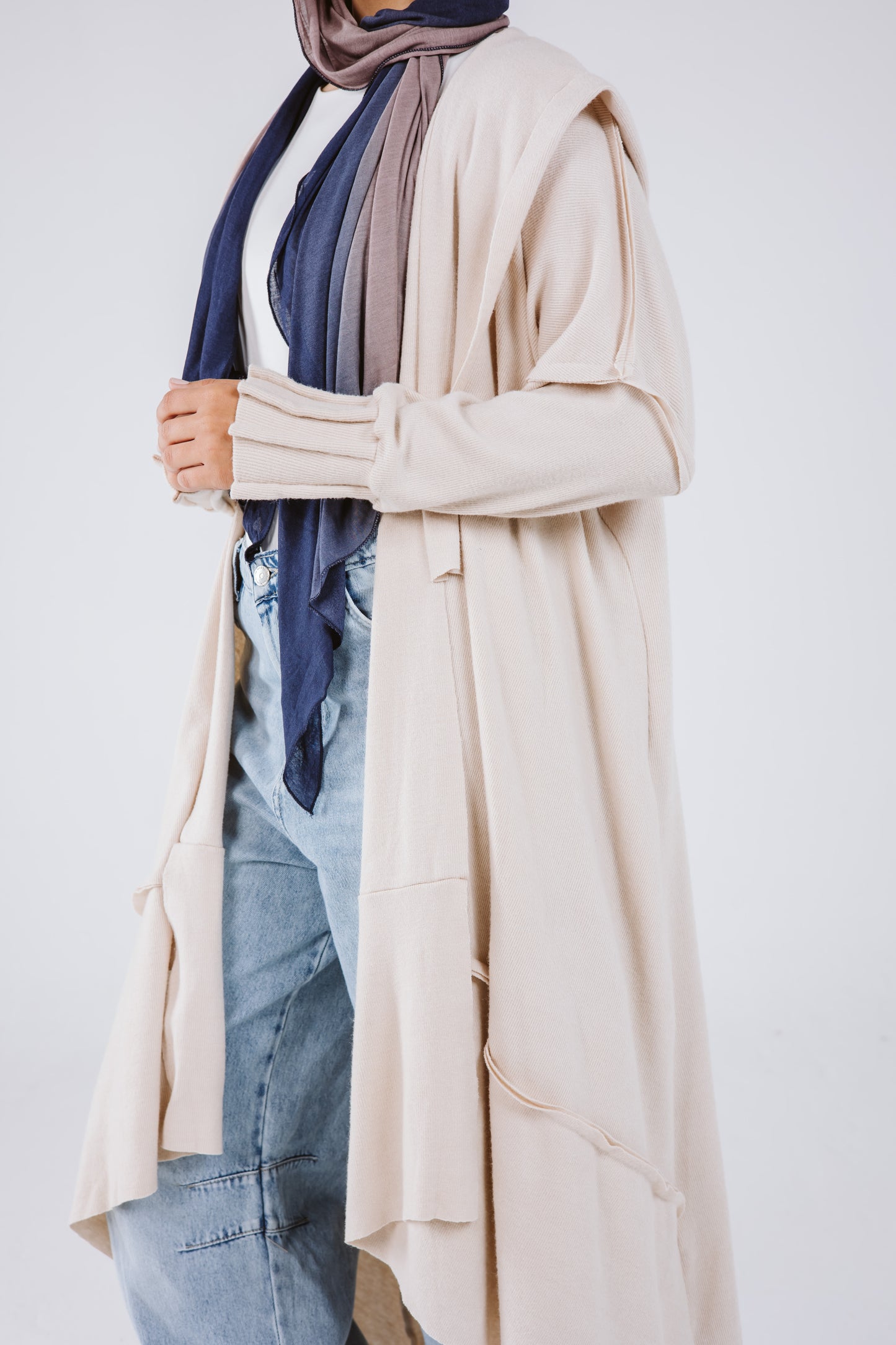Asymmetrical Stitches Wool Cardigan in Beige