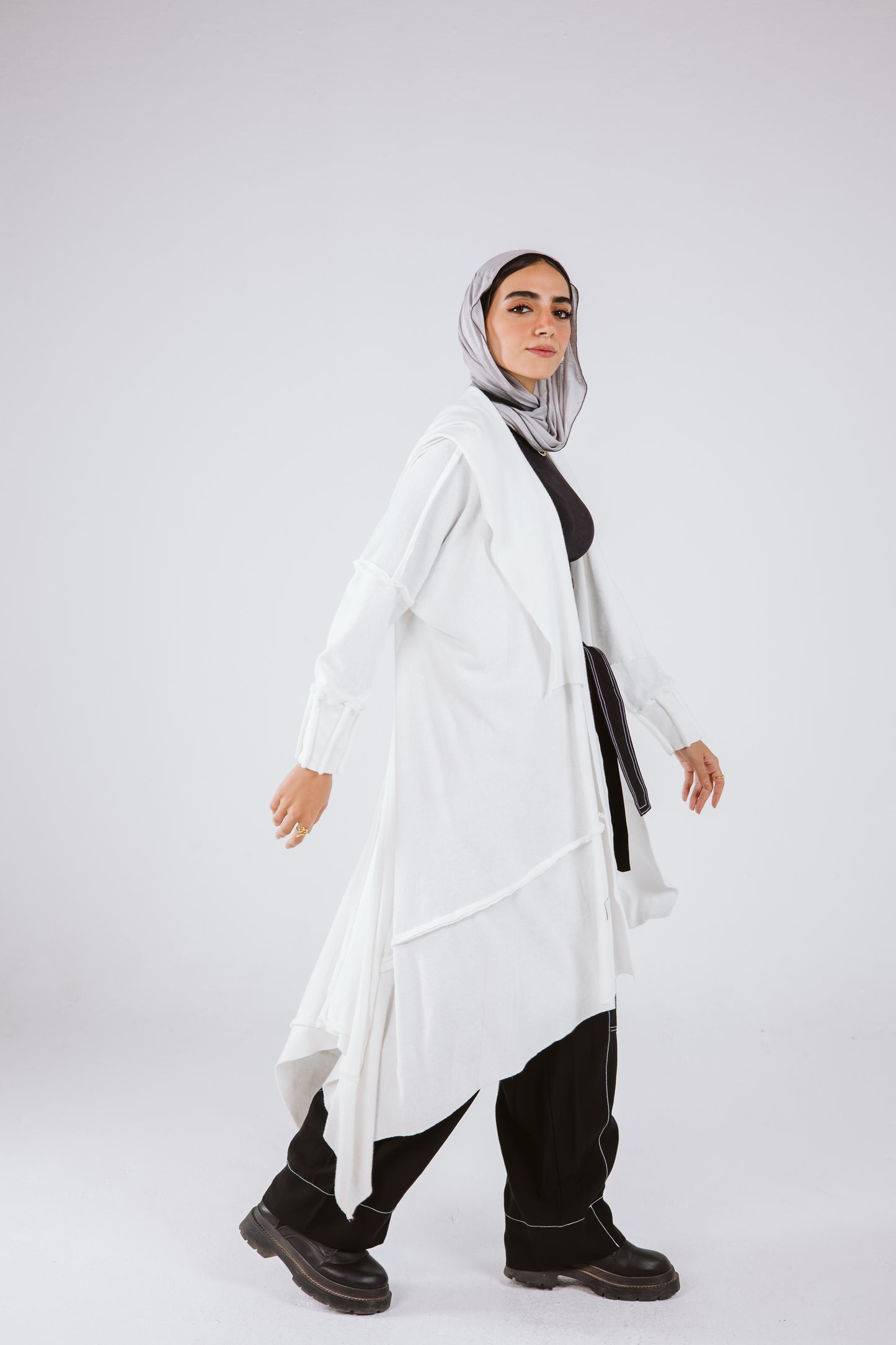 Asymmetrical Stitches Wool Cardigan in White.