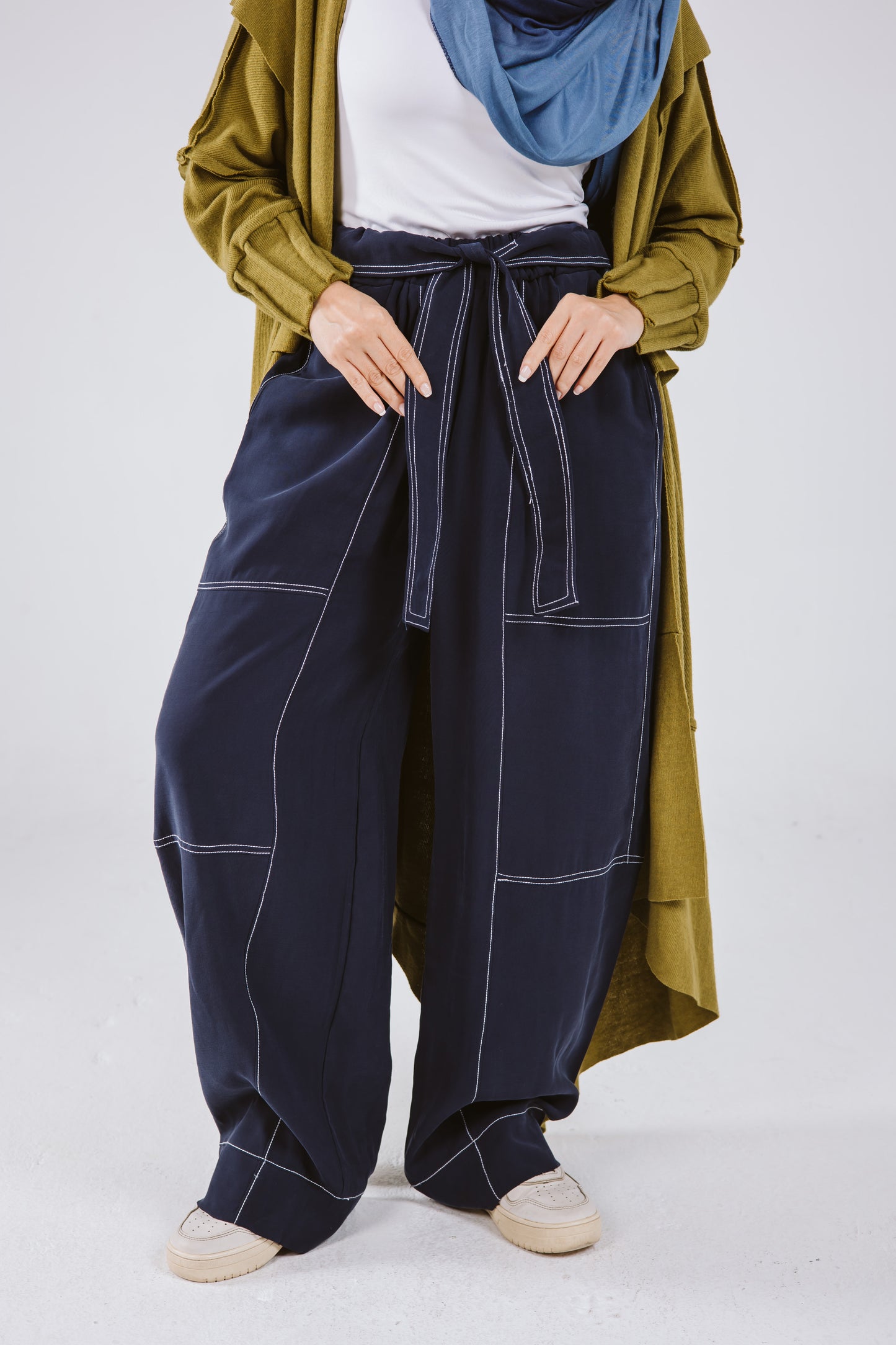 Stitches Wide Pants in Navy Blue