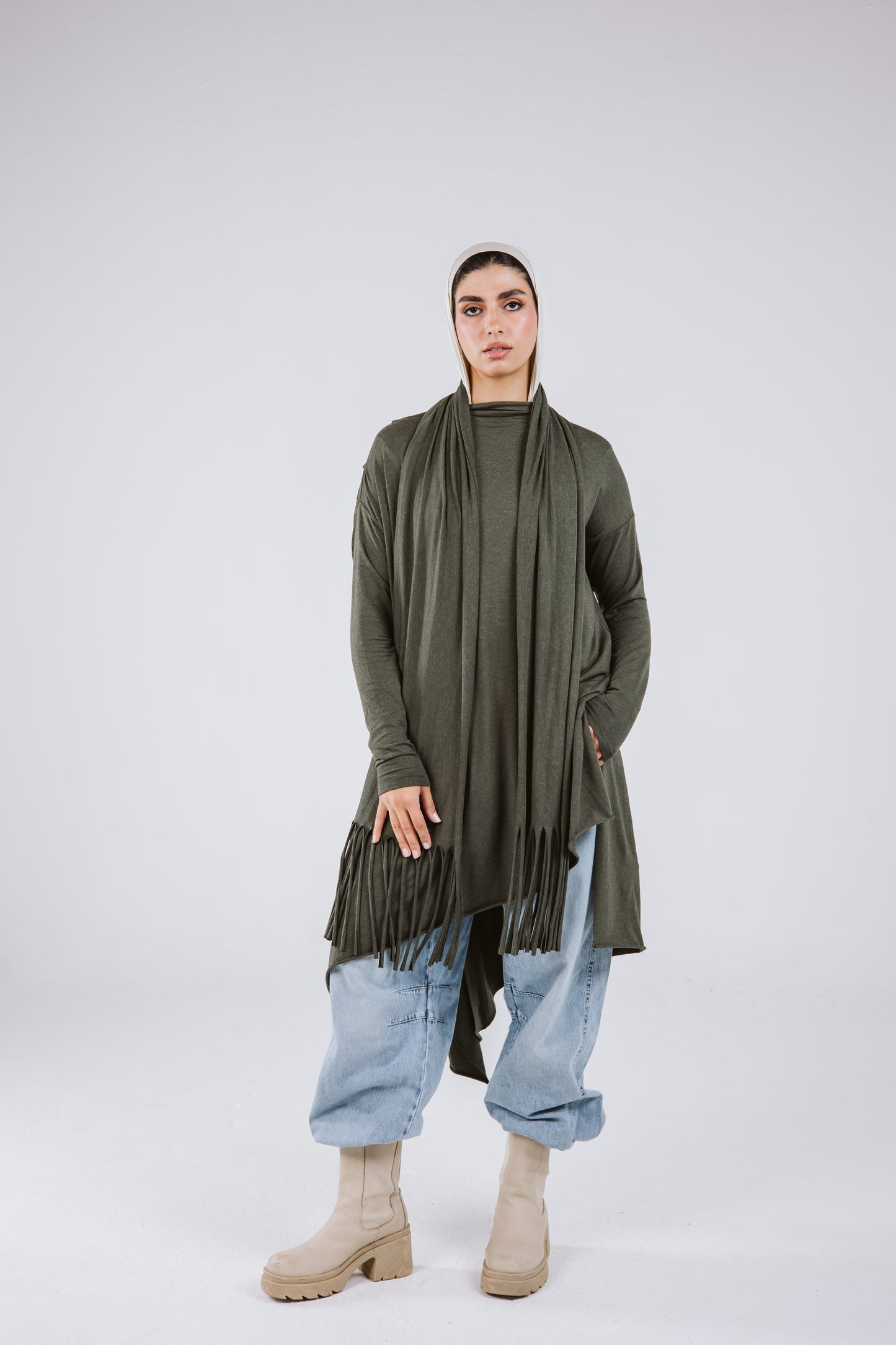 Waves Top with Fringes Scarf in Olive