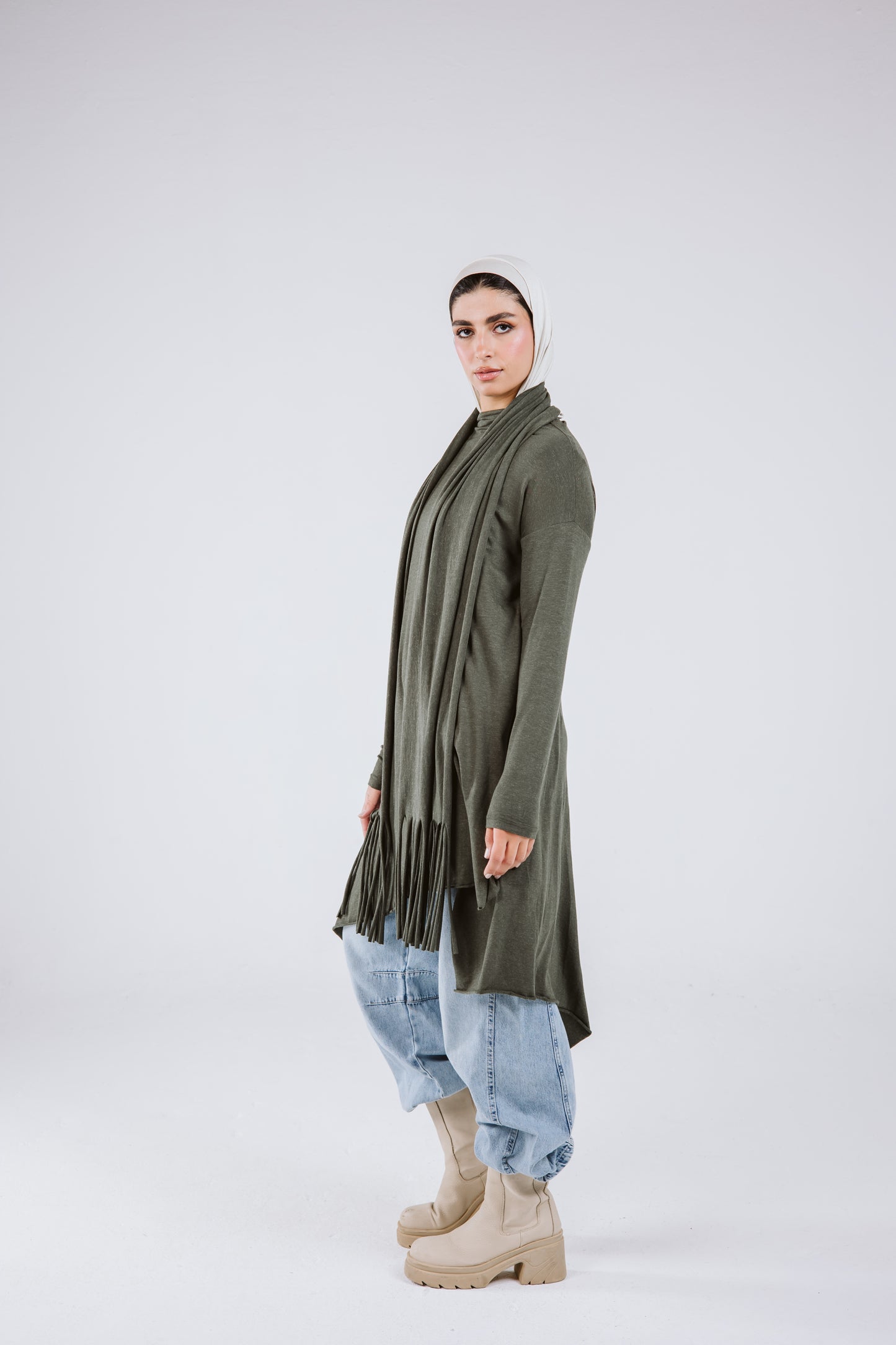 Waves Top with Fringes Scarf in Olive