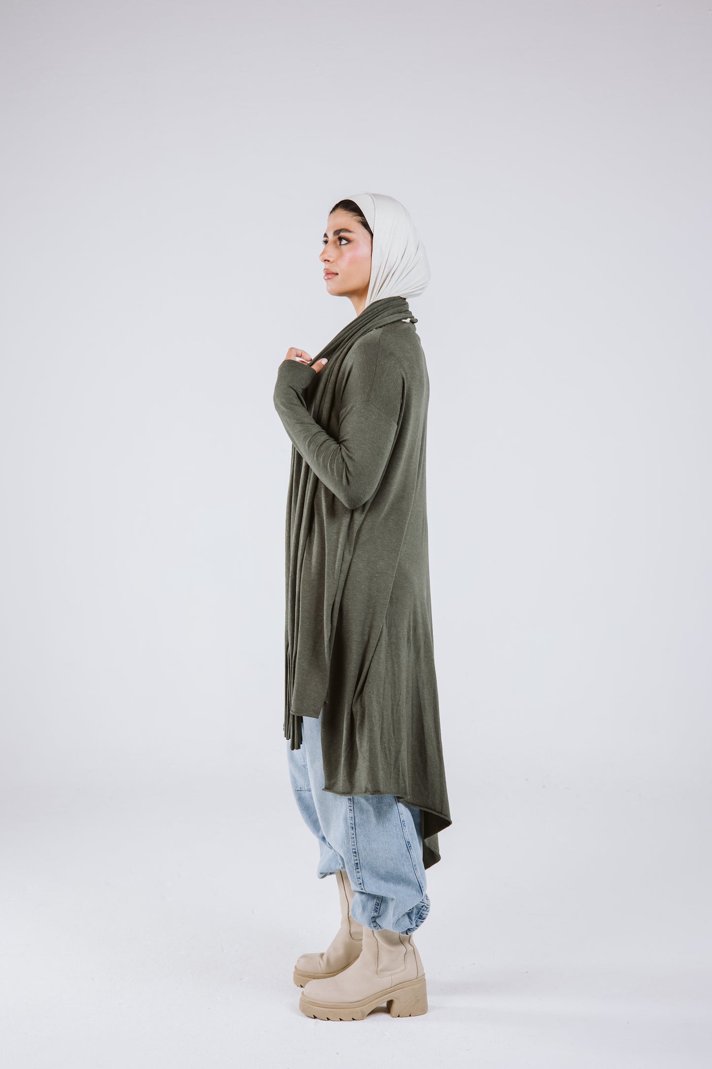 Waves Top with Fringes Scarf in Olive