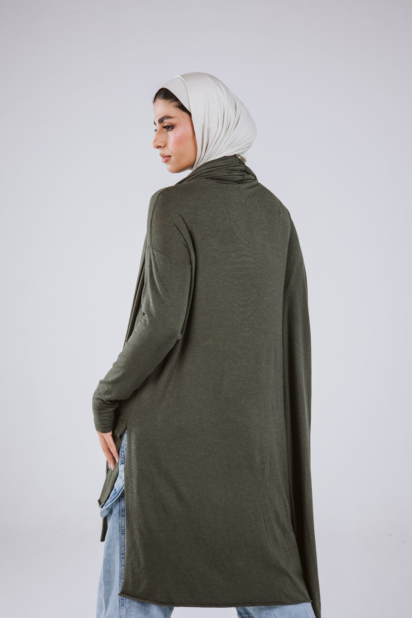 Waves Top with Fringes Scarf in Olive