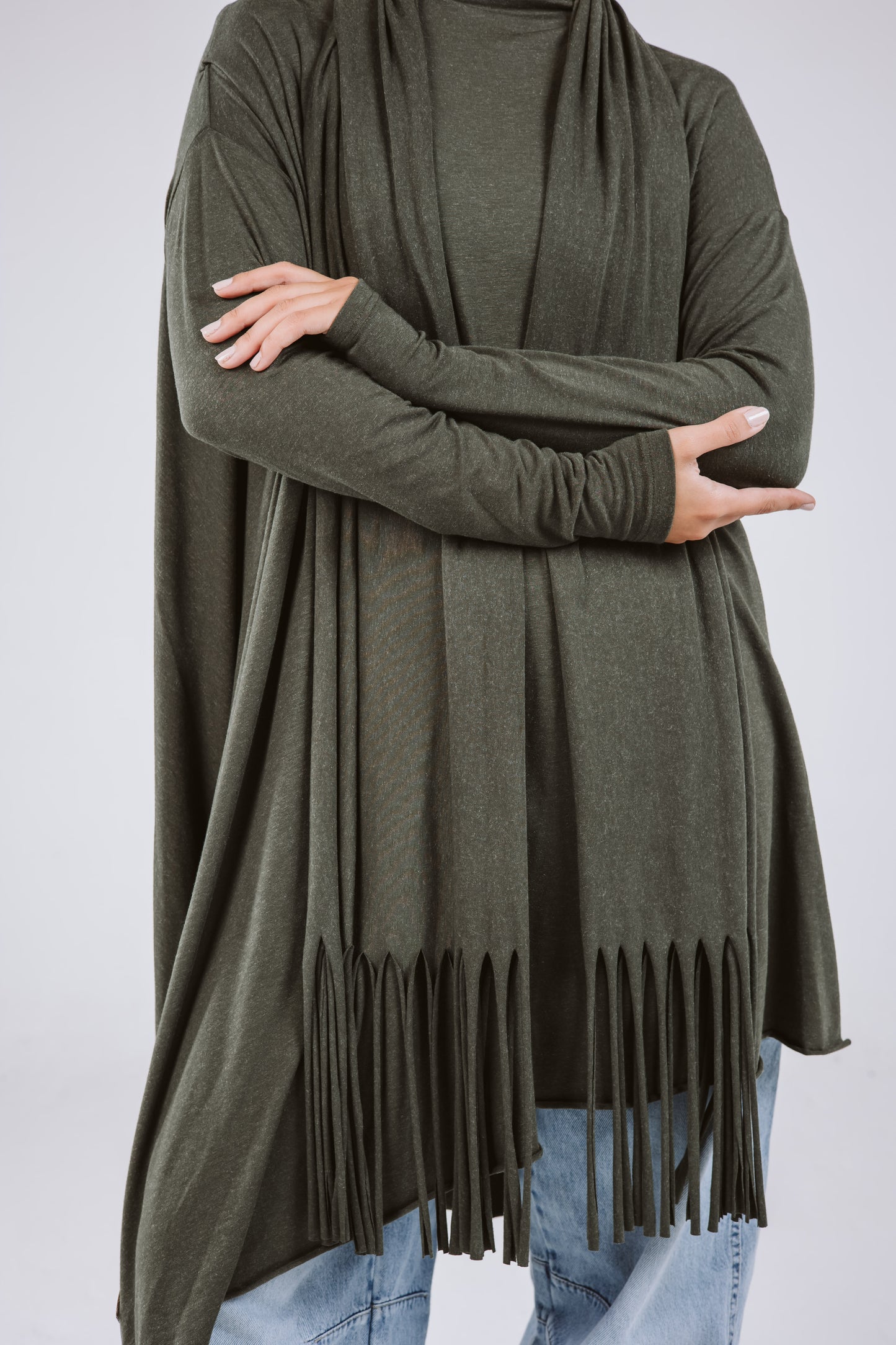Waves Top with Fringes Scarf in Olive
