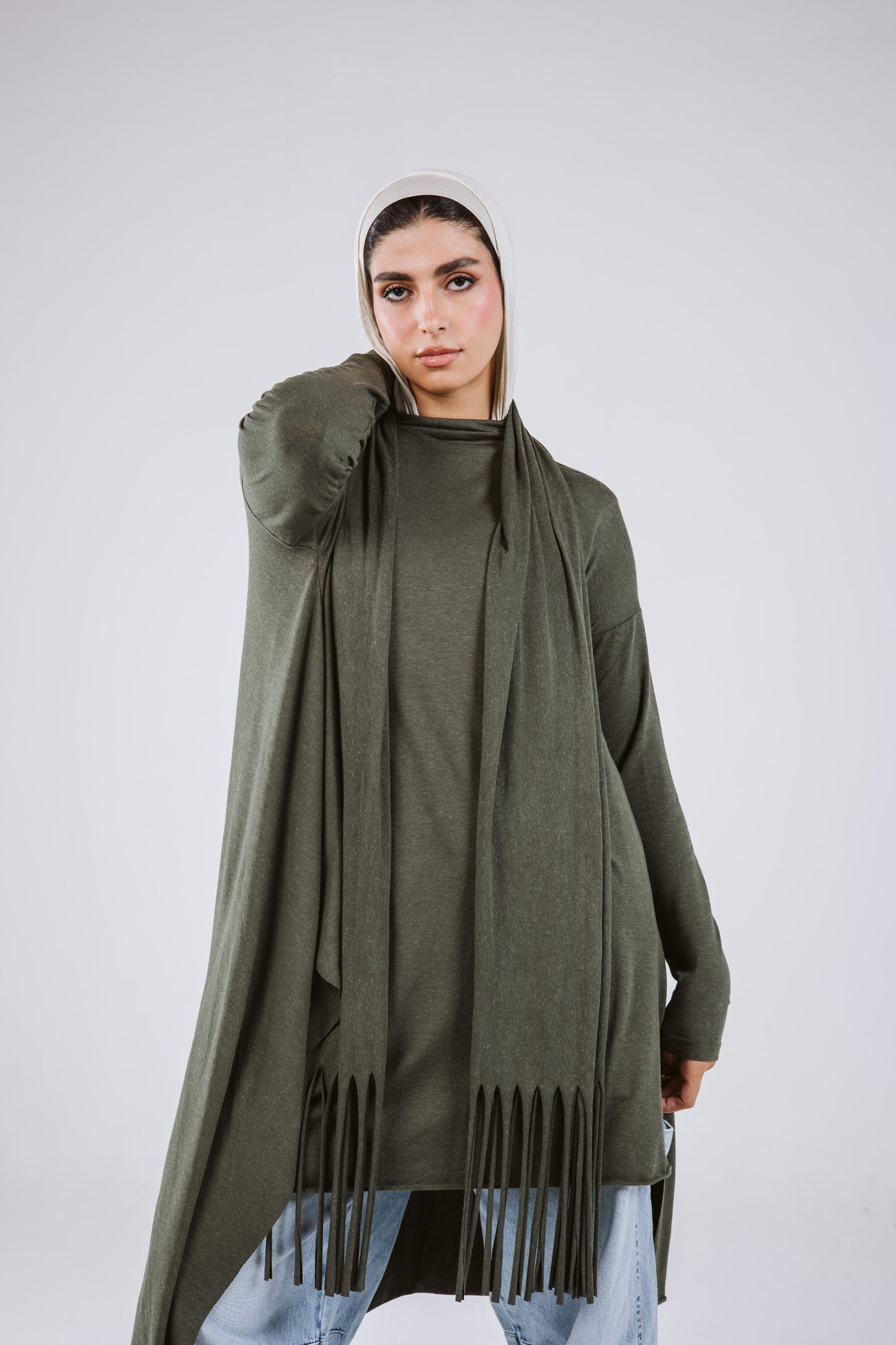 Waves Top with Fringes Scarf in Olive