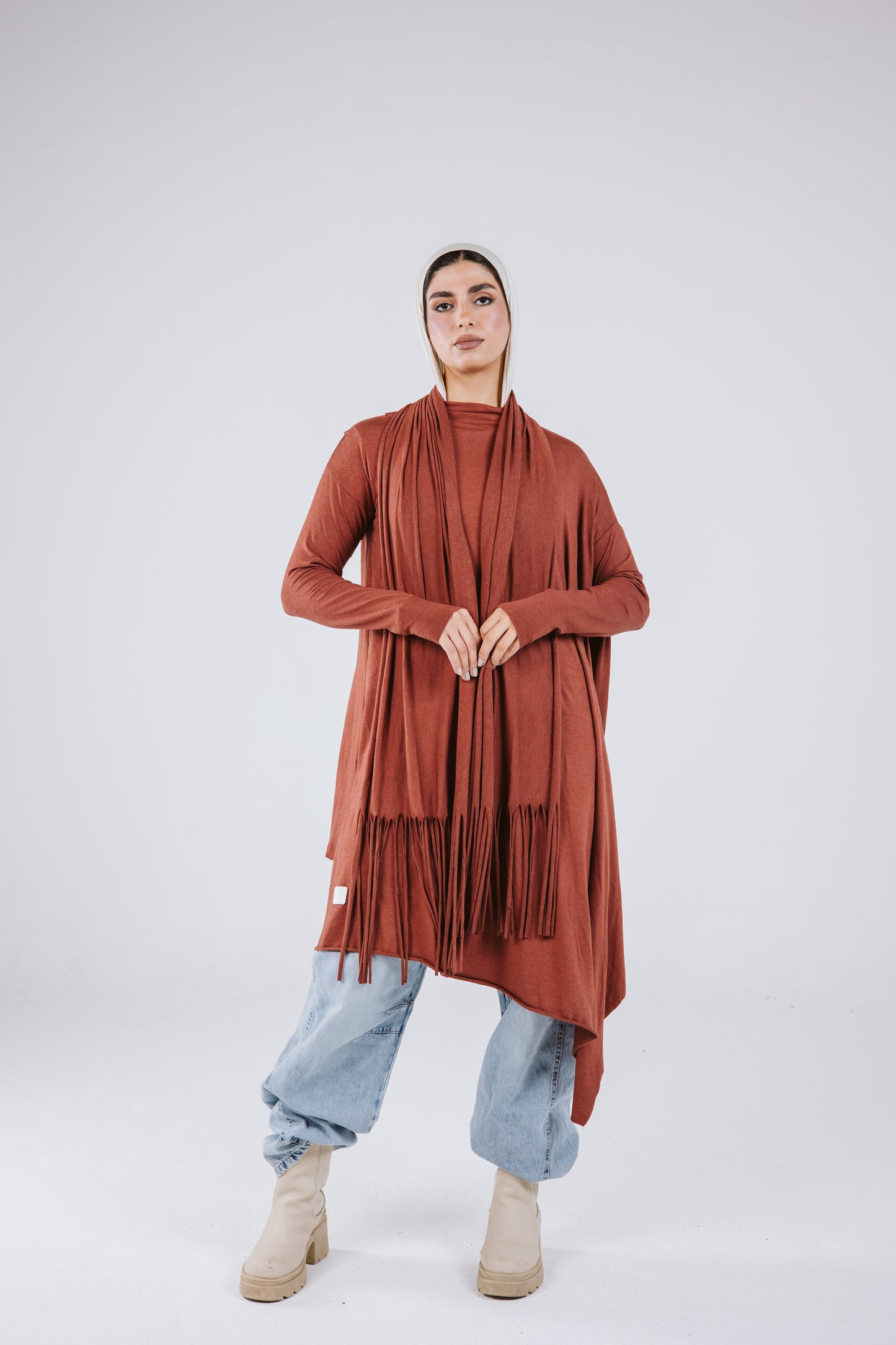 Waves Top with Fringes Scarf in Brick