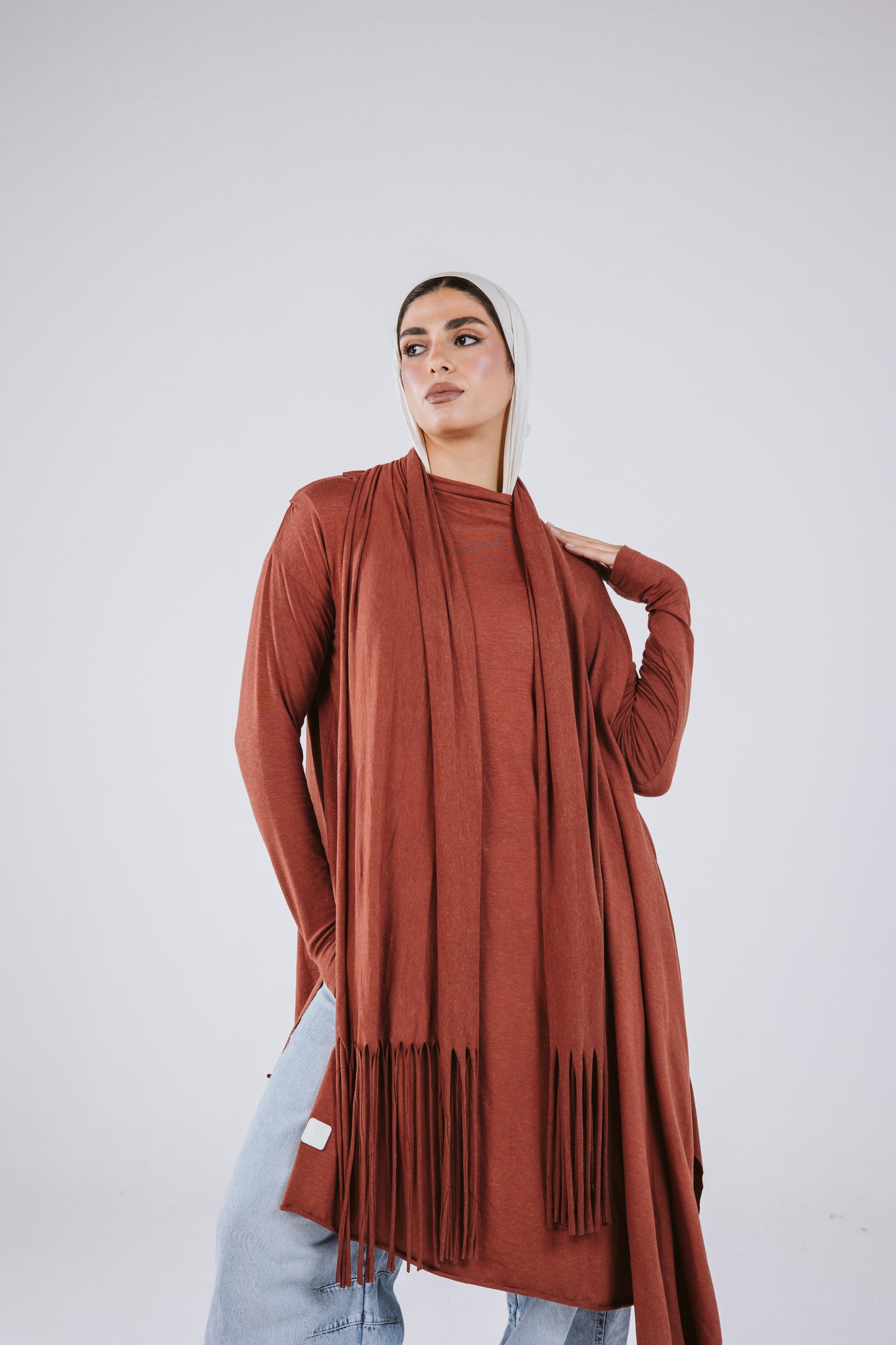 Waves Top with Fringes Scarf in Brick