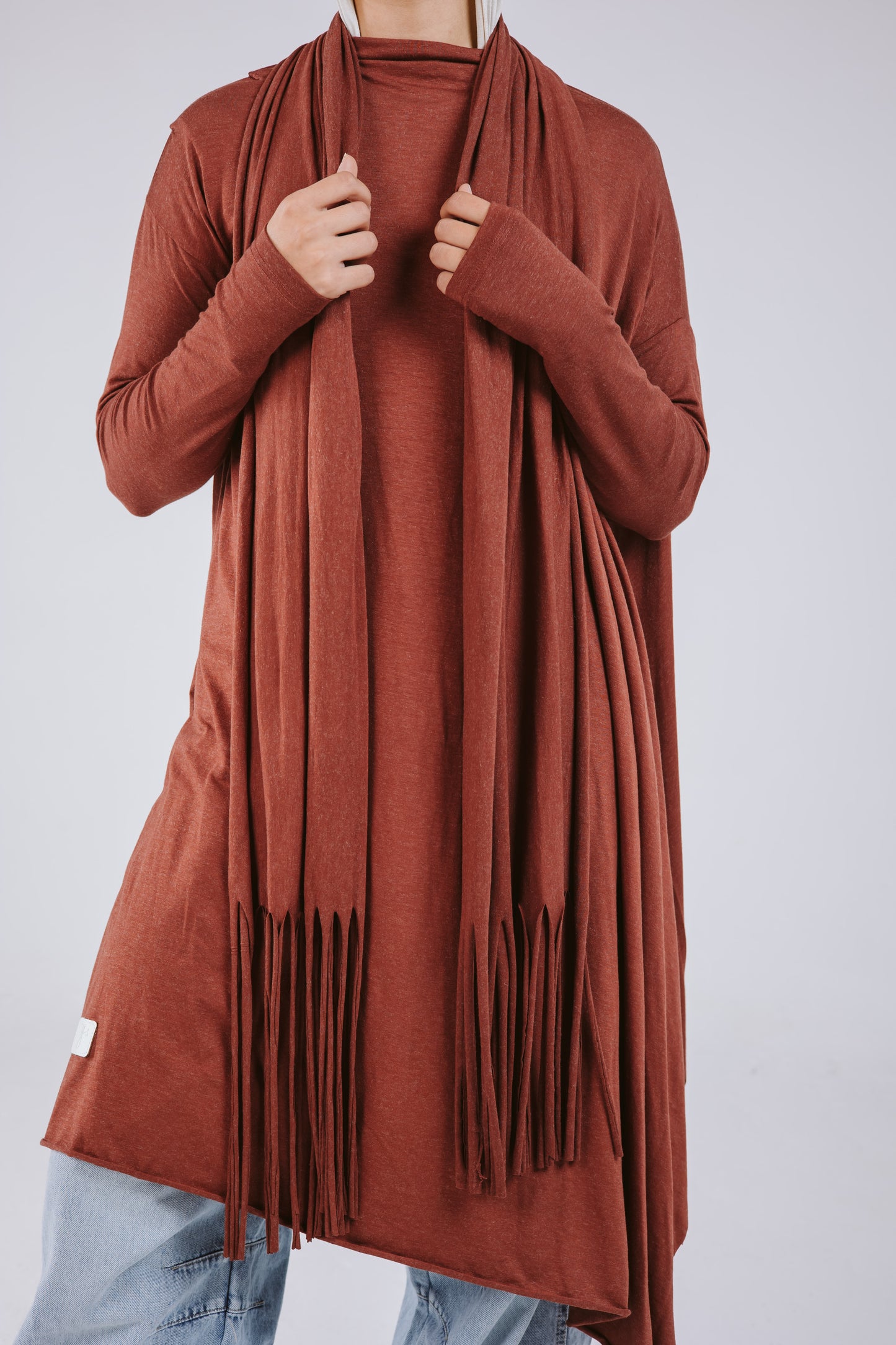 Waves Top with Fringes Scarf in Brick
