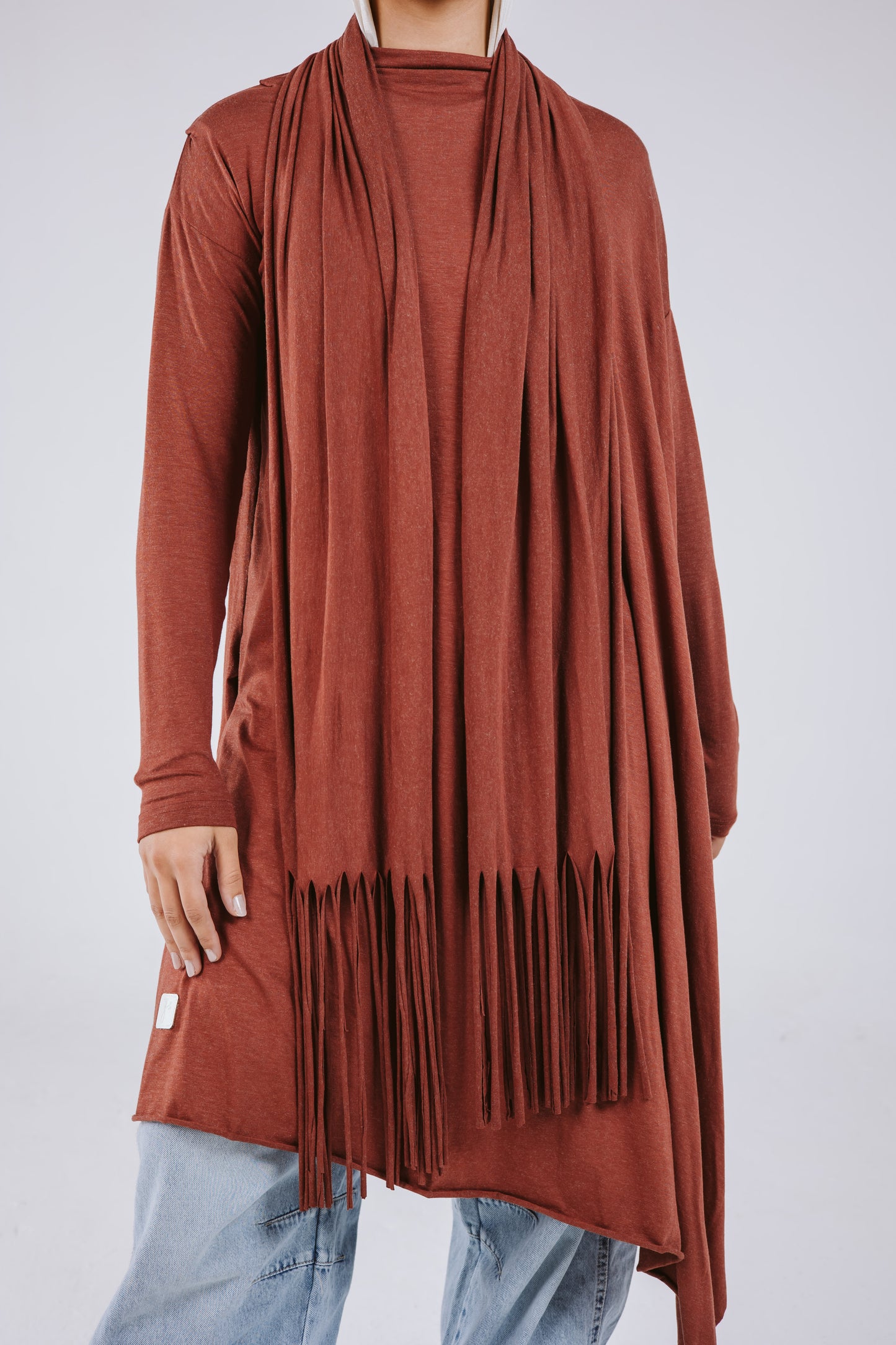 Waves Top with Fringes Scarf in Brick