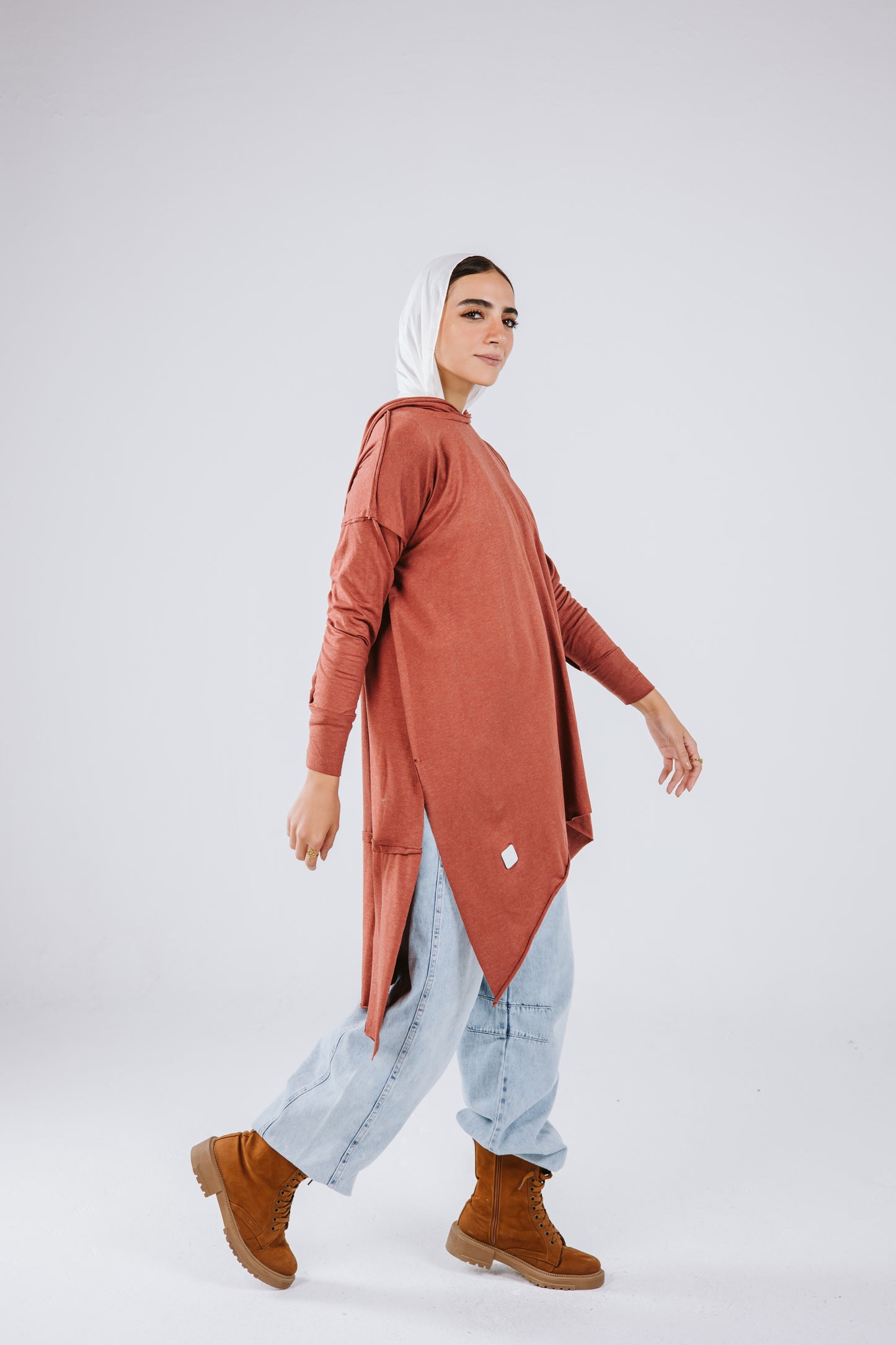 Hoodie Asymmetrical Stitches Top in Brick