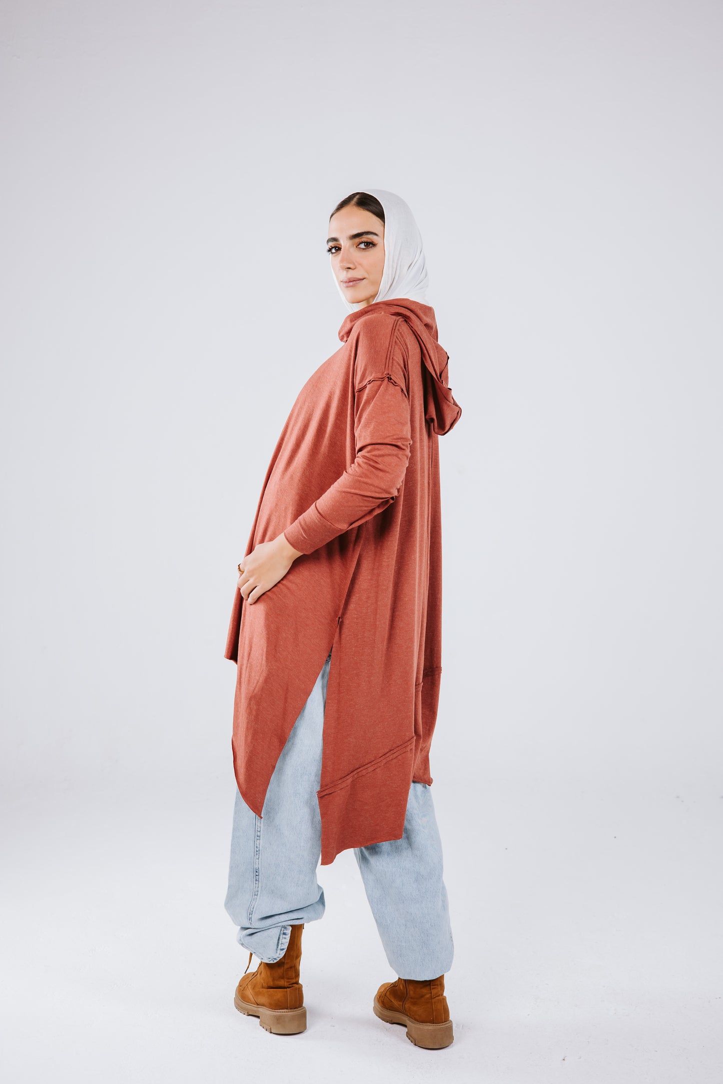 Hoodie Asymmetrical Stitches Top in Brick