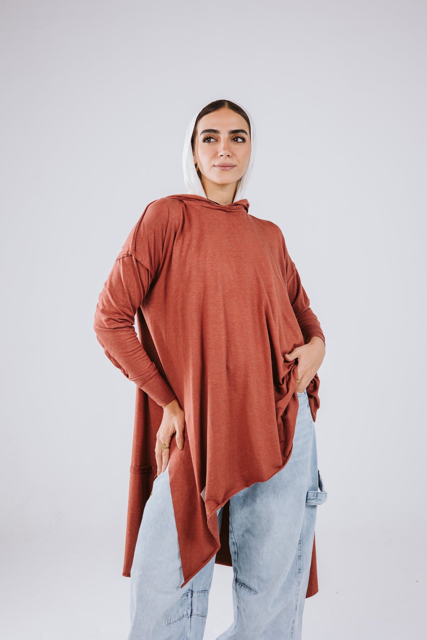 Hoodie Asymmetrical Stitches Top in Brick