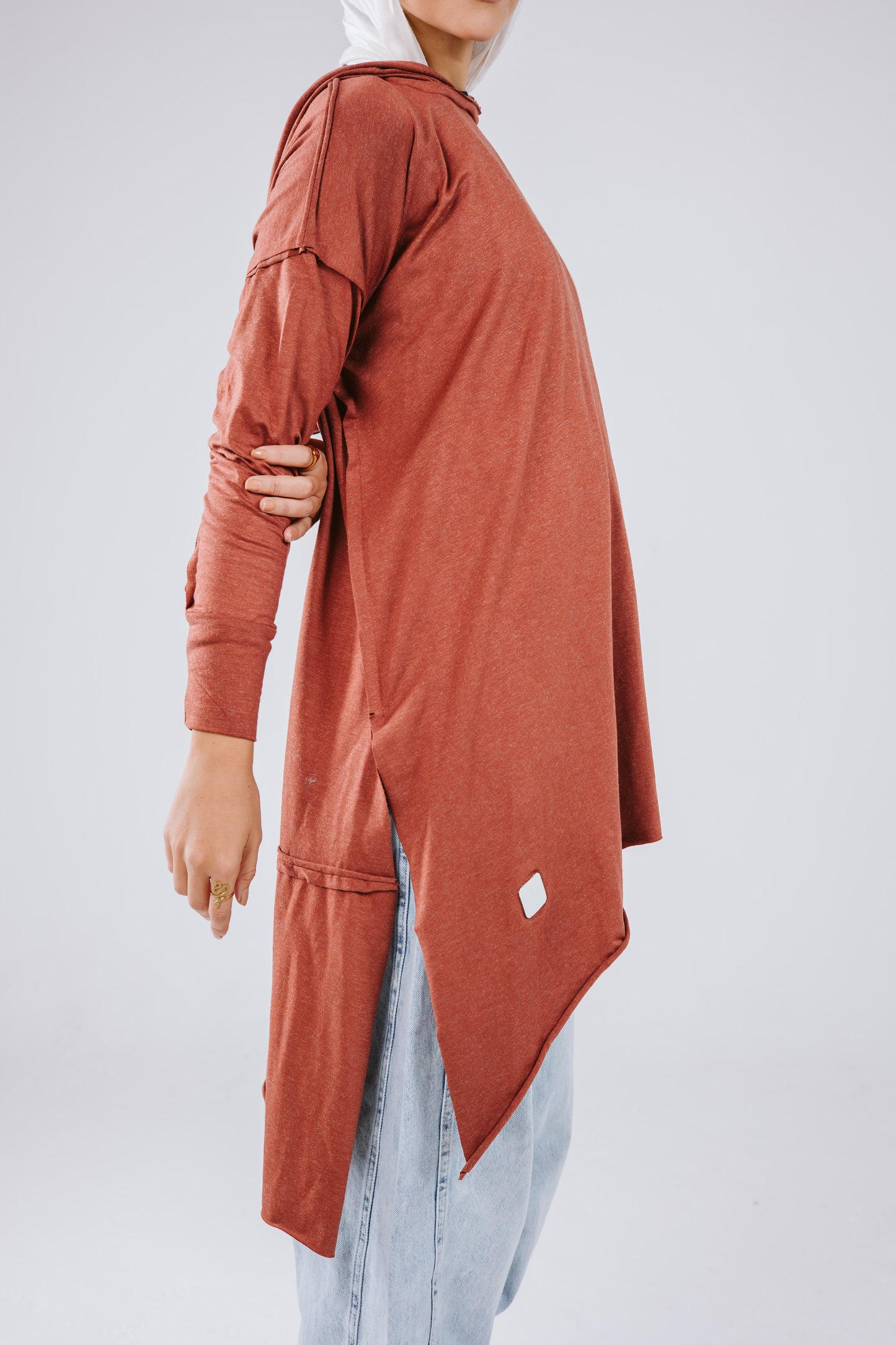 Hoodie Asymmetrical Stitches Top in Brick