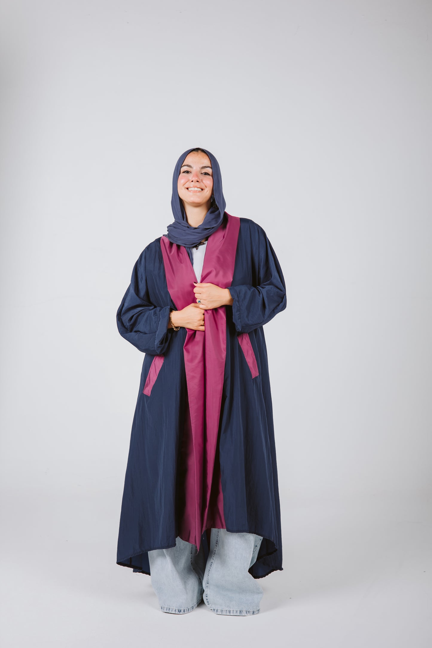 Bicolor Waterproof Trench Coat in Navy Blue