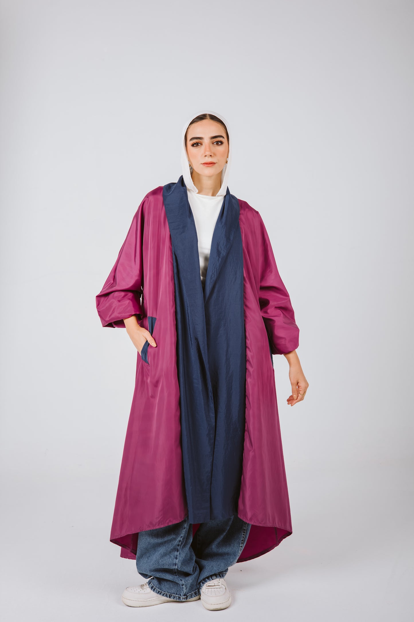 Bicolor Waterproof Trench Coat in Magenta
