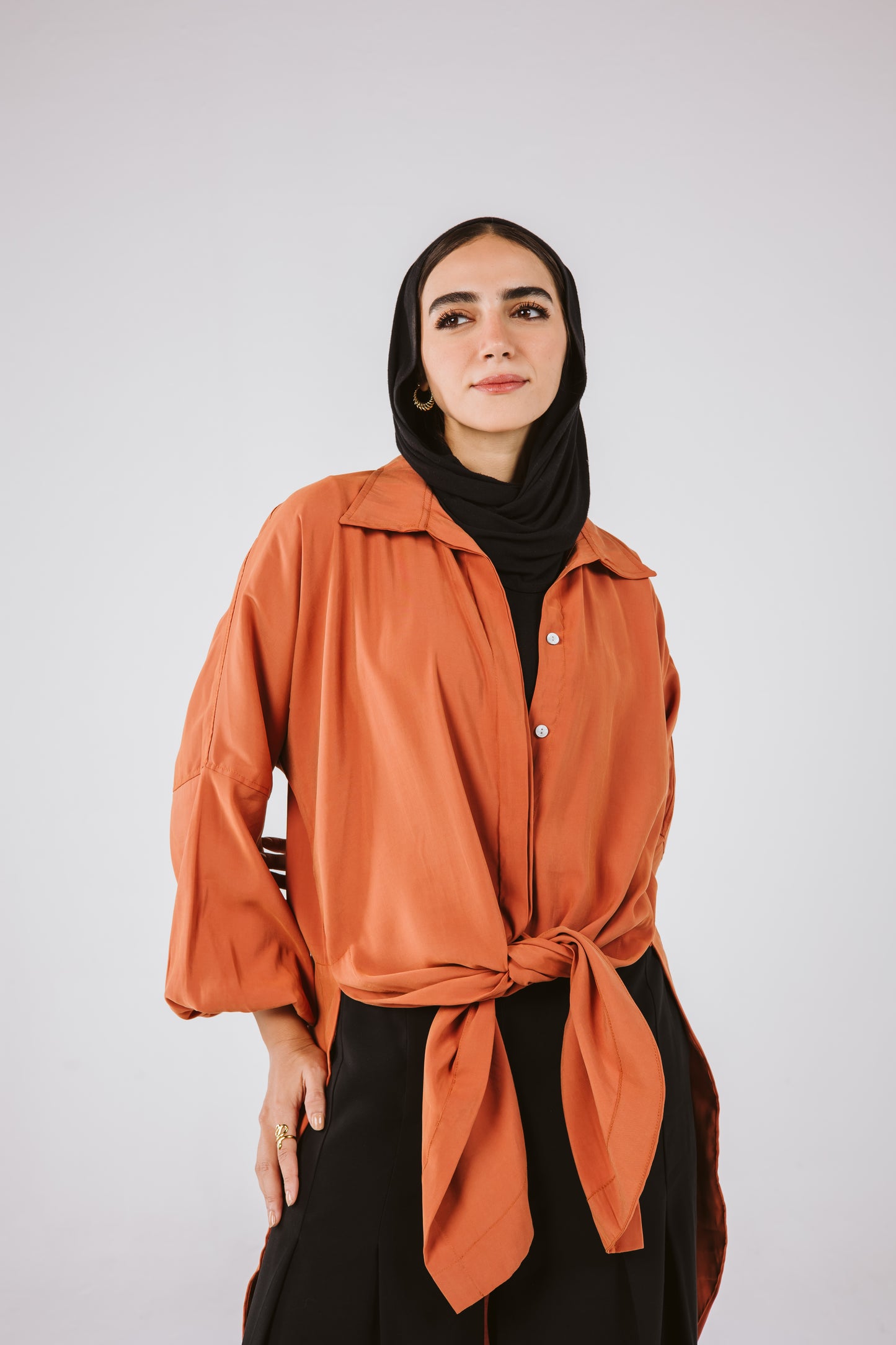 Puffy Sleeves High Low Shirt in Brick