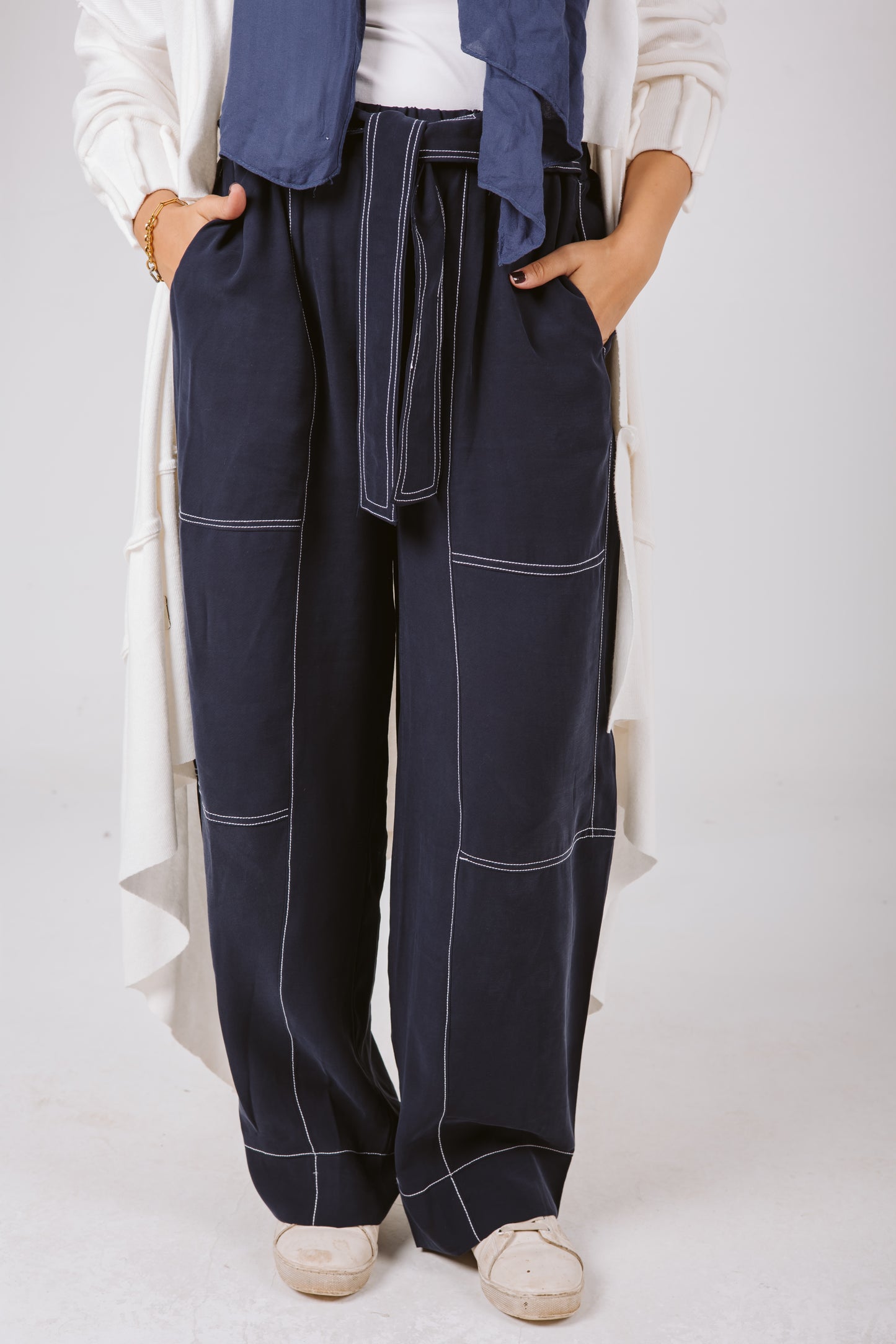 Stitches Wide Pants in Navy Blue
