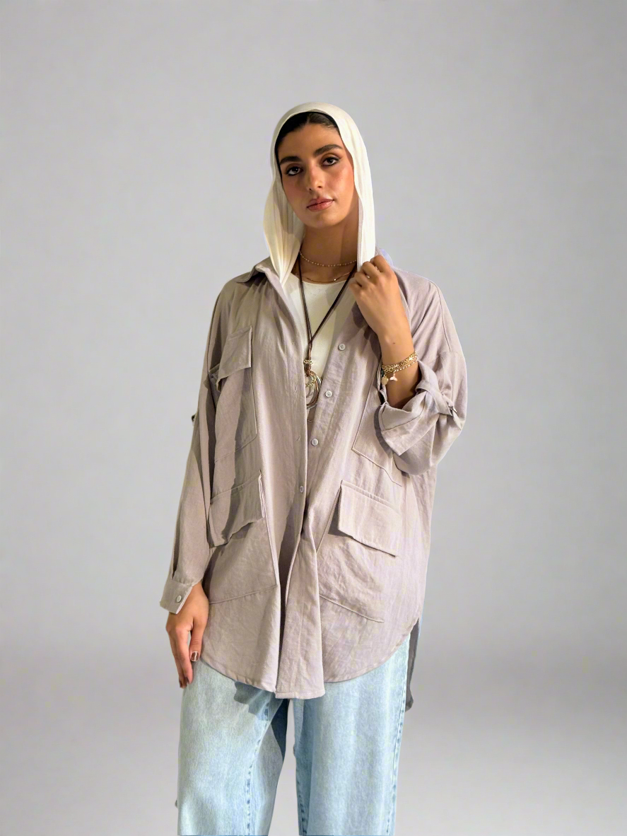 Linen Pockets Oversized High Low Shirt in Light Grey