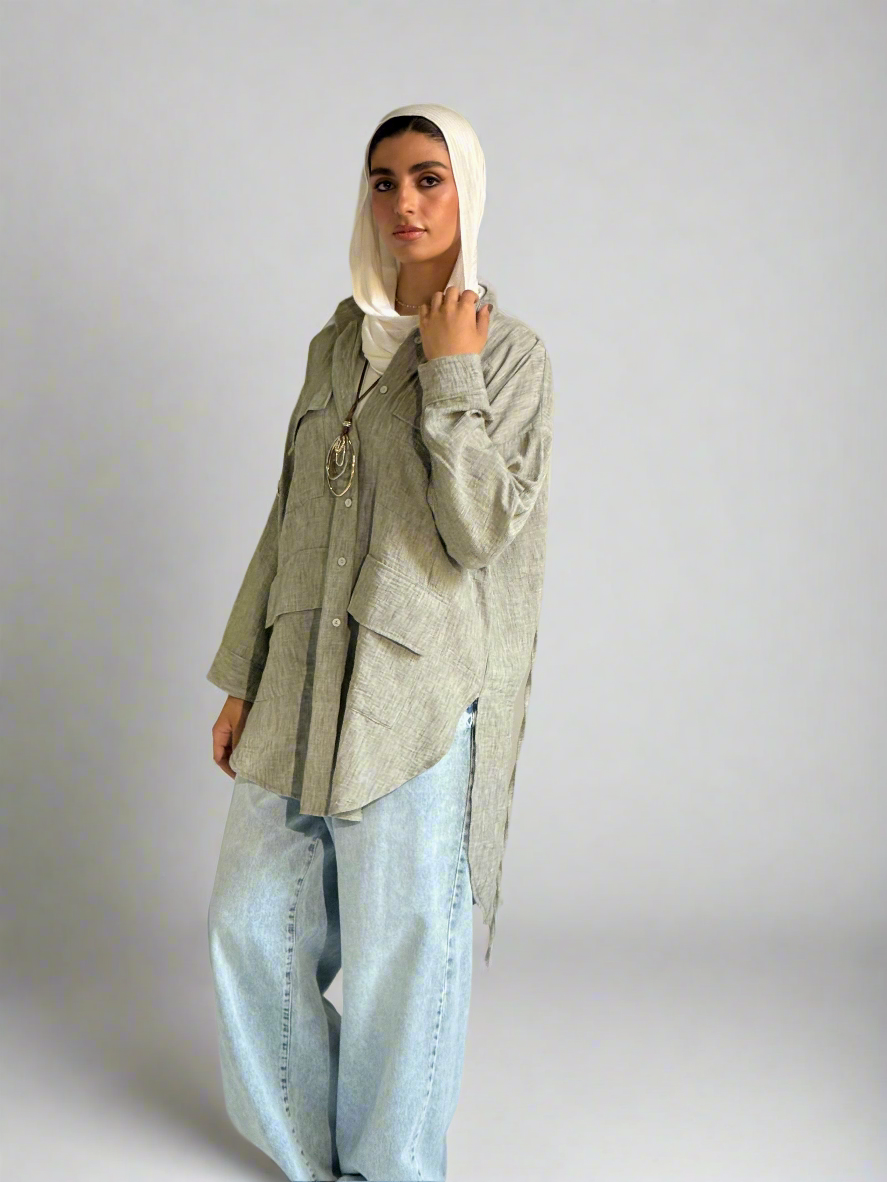Pockets Linen High Low Shirt in Olive