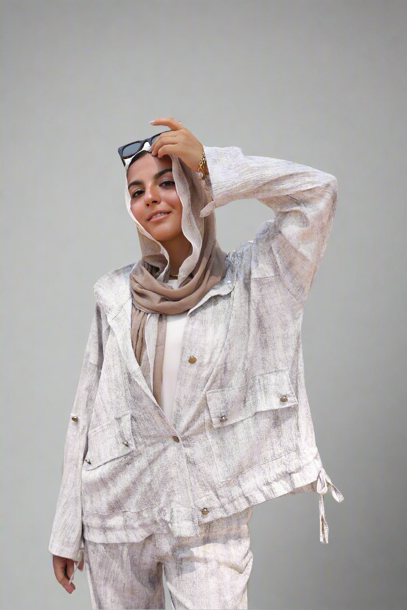 Tie Dye Bomber Jacket Set in Beige
