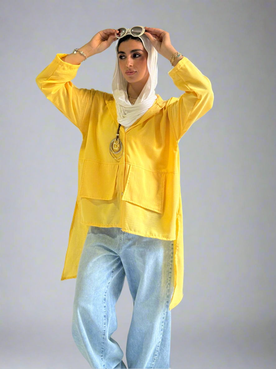 Hoodie High Low Pockets Shirt in Yellow