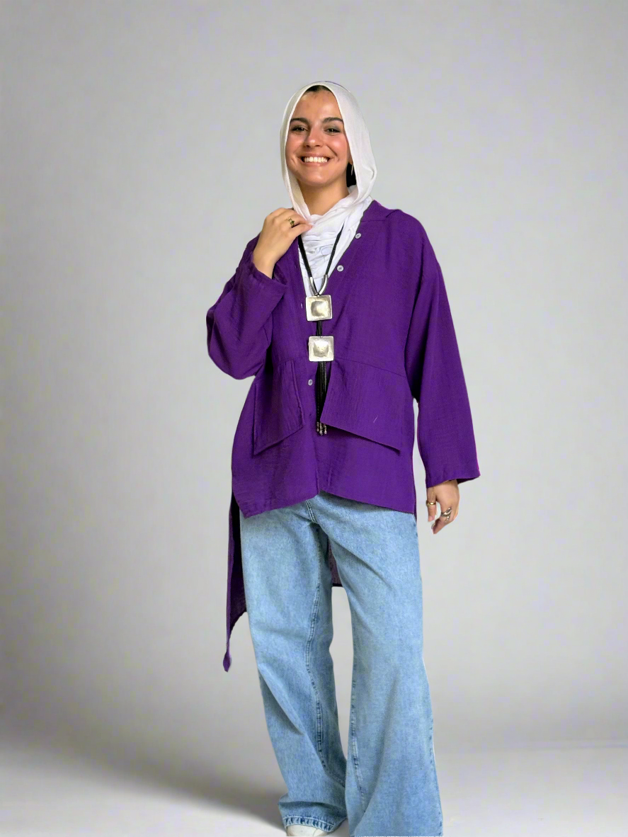 Hoodie High Low Pockets Shirt in Purple