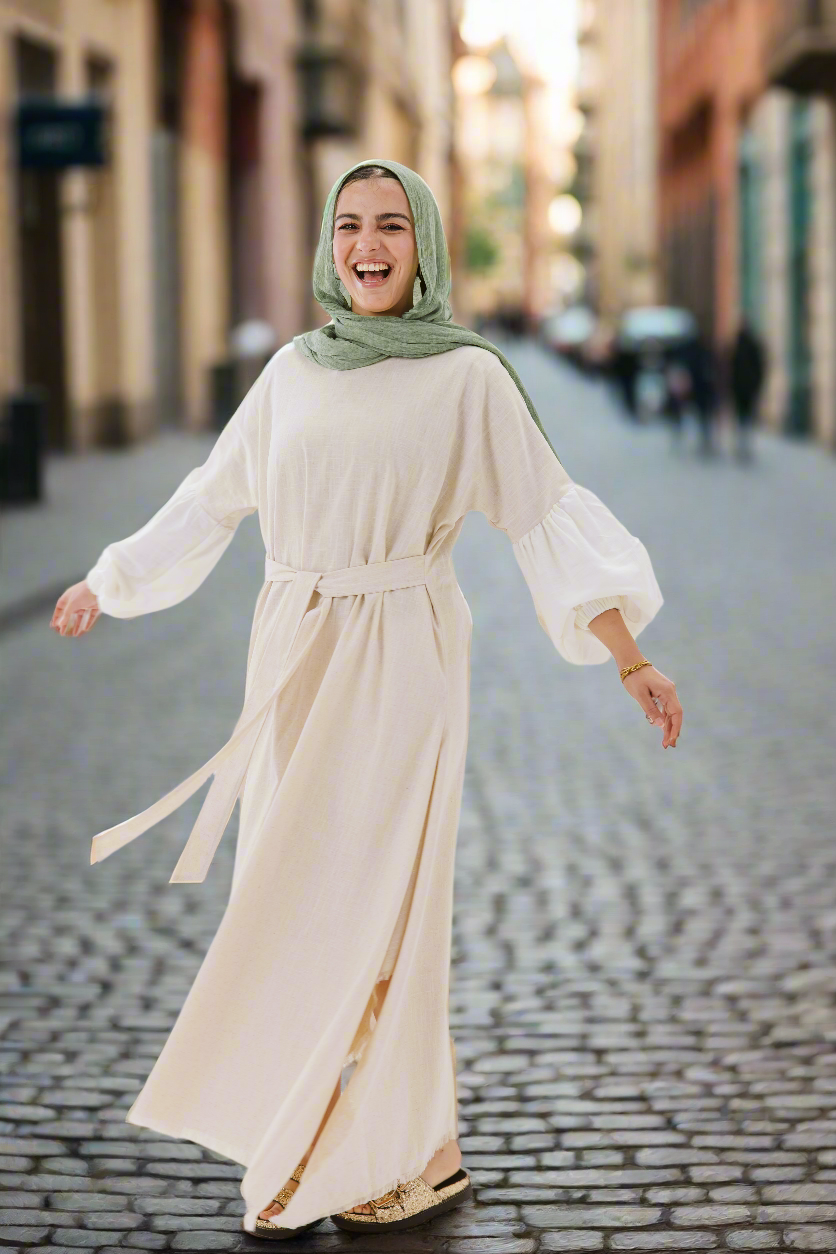 Asymmetrical Linen Wrap Dress in Beige