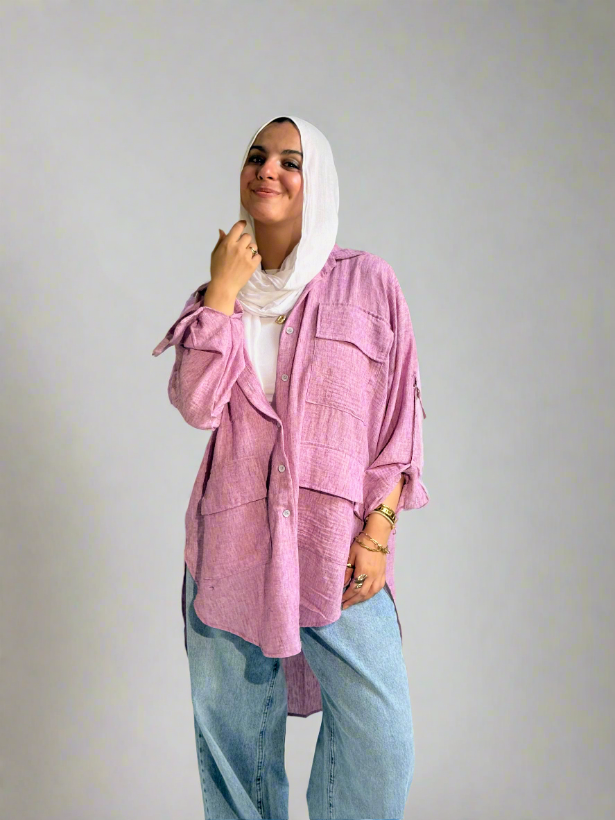 Linen Pockets oversized Shirt in Orchid Pink