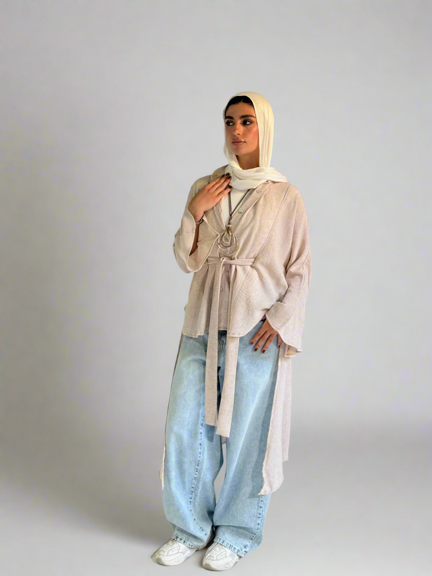 Linen Belted Asymmetrical Shirt in Beige